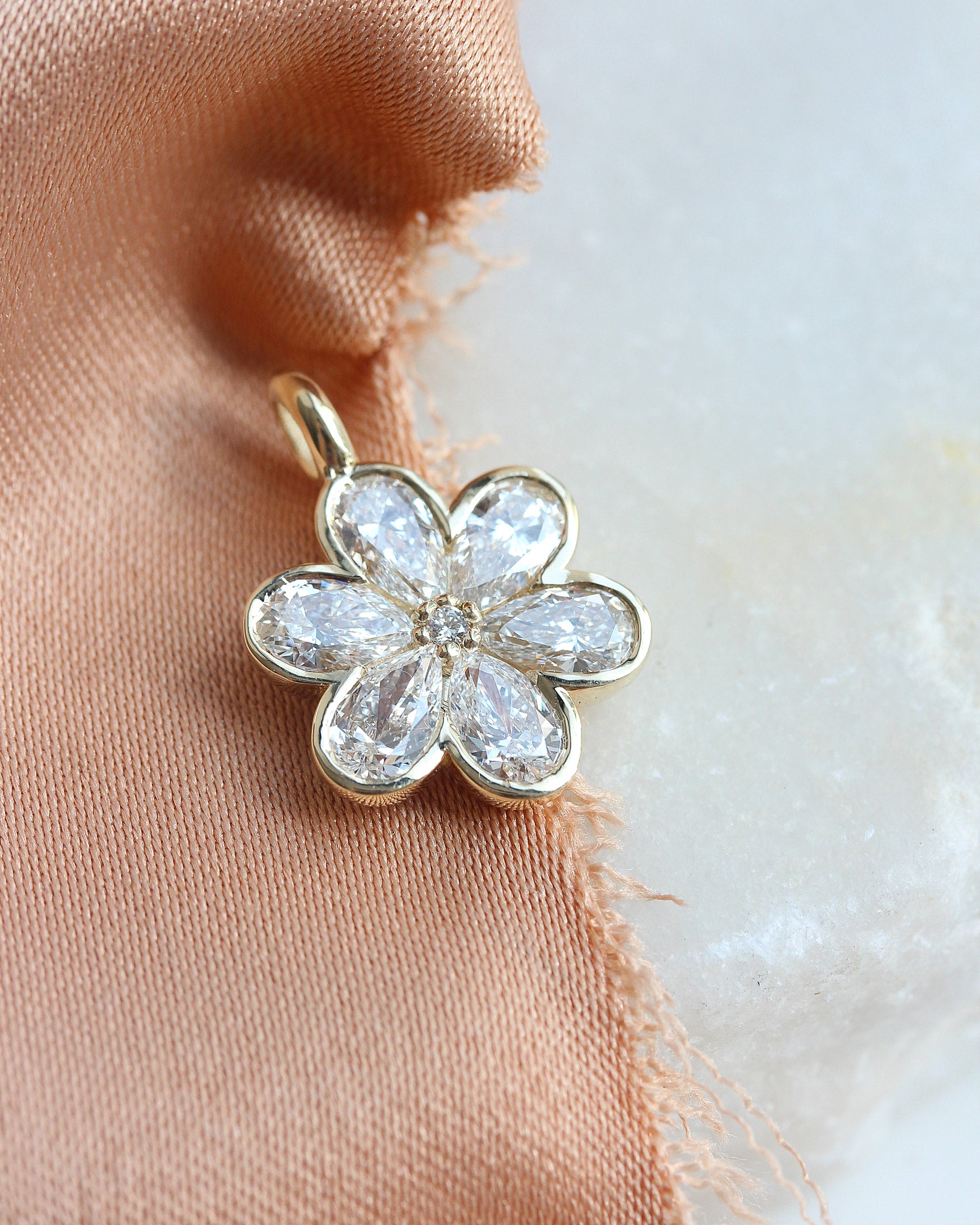 Pear Diamond Invisible Half Bezel Flower Necklace, Lucky Blossom Manifestation Pendant Golda