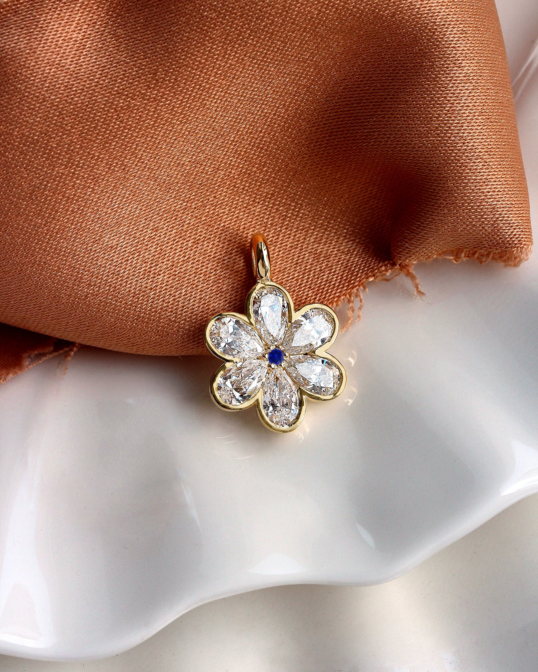 Pear Diamond Invisible Half Bezel Flower Necklace, Lucky Blossom Manifestation Pendant