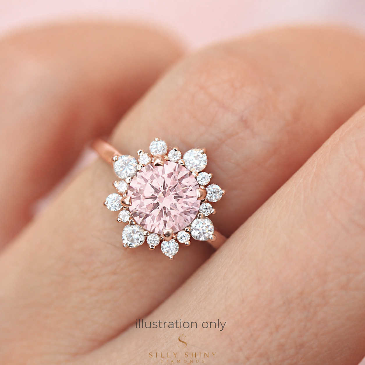 1.5CT Vivid Pink Round Lab diamond halo unique engagement ring, "Snowflake"