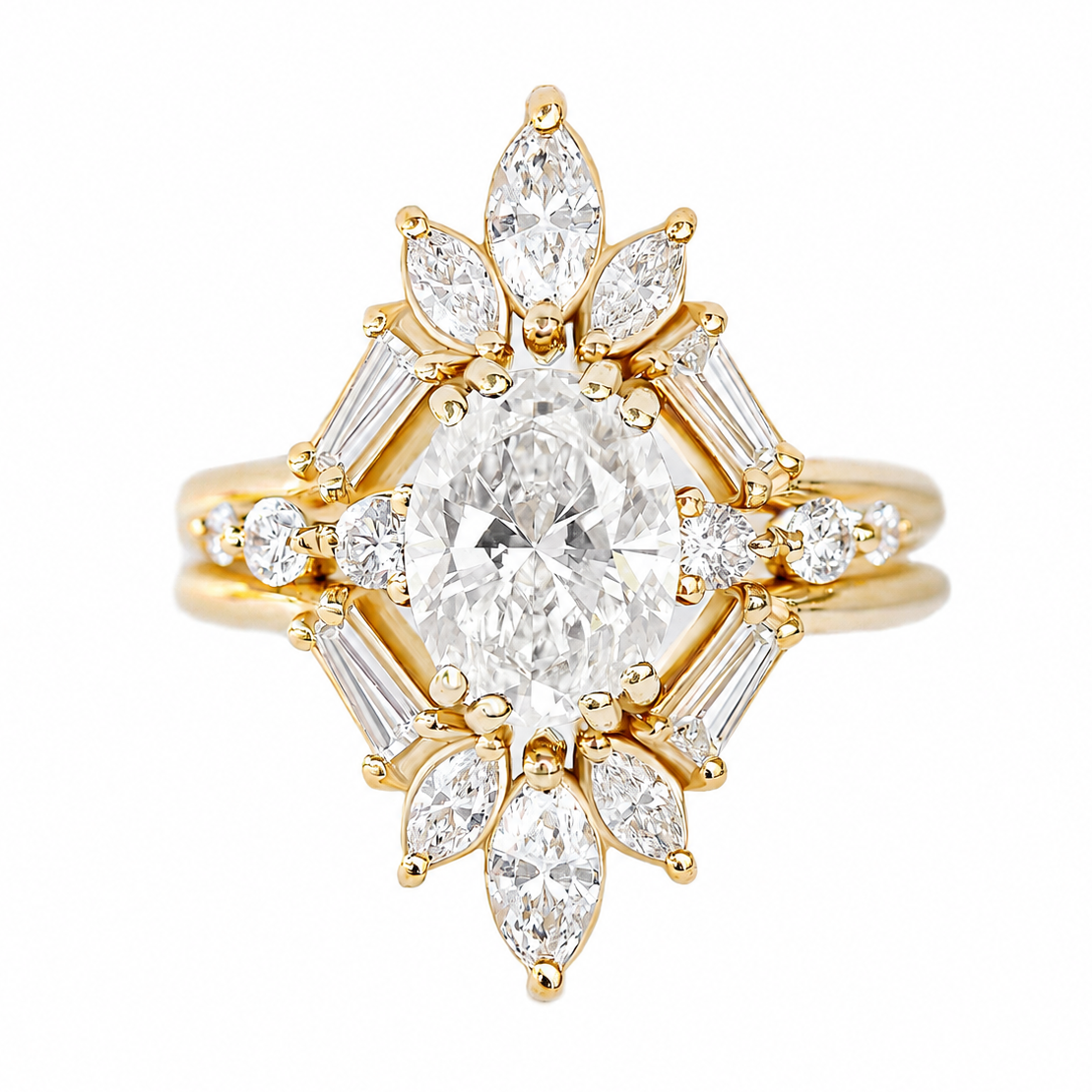 A yellow gold ring featuring a large oval center diamond surrounded by marquise and baguette side diamonds, set against a plain white background.