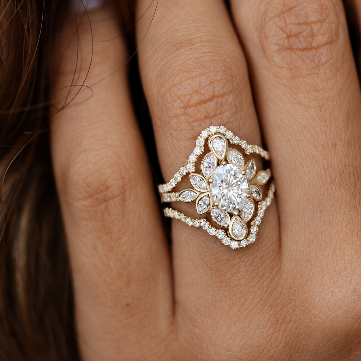 Oval & Marquise Diamonds Bezel Set Flower Engagement Ring with Pave Diamond Ring Wrap Lily #6