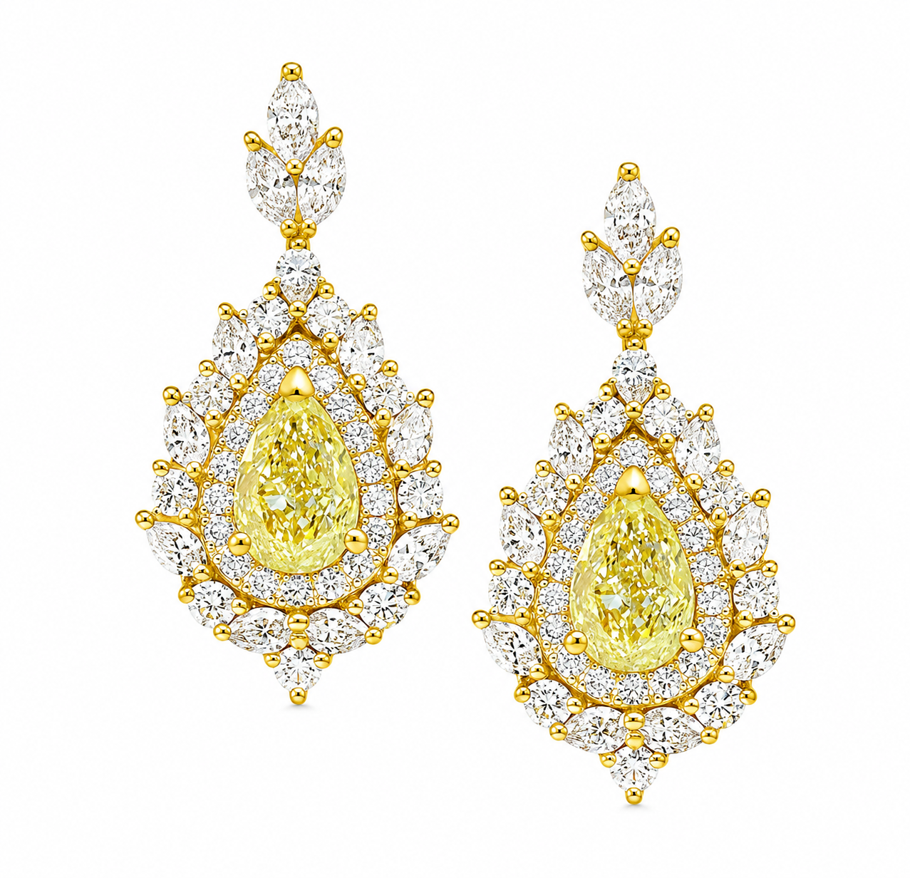Pear Shape Canary Yellow Diamond, Double Halo Earrings High Jewelry - Victoria
