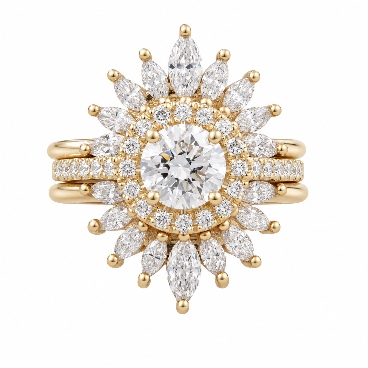 1ct Round Diamond Halo Classic Engagement Ring 'Lady' with Two Matching 'Sunburst' Nesting Rings, Three Ring Set