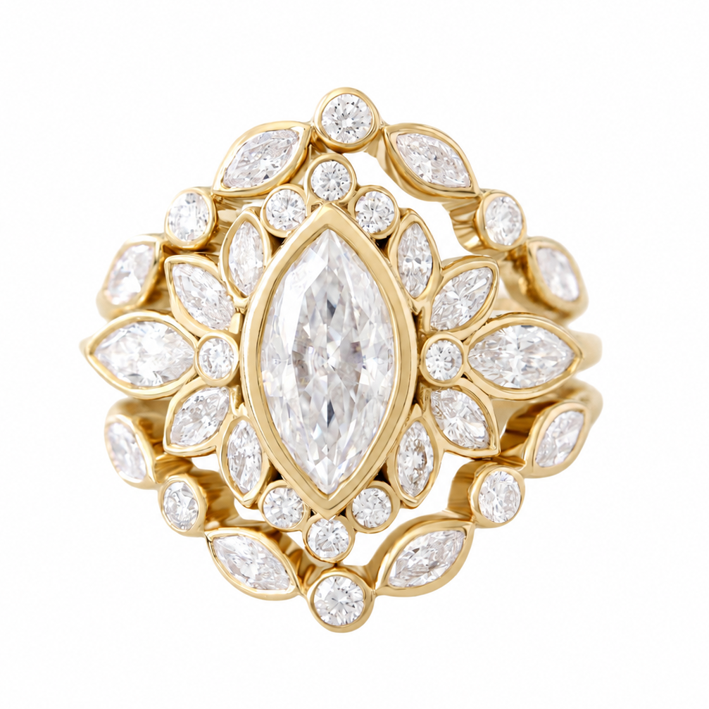 Marquise Bezel Set Comfortable Engagement Ring with One Matching Lily Emma Nesting Ring - Two Ring Set