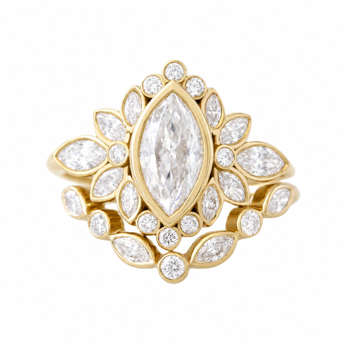 Marquise Bezel Set Comfortable Engagement Ring with One Matching Lily Emma Nesting Ring - Two Ring Set