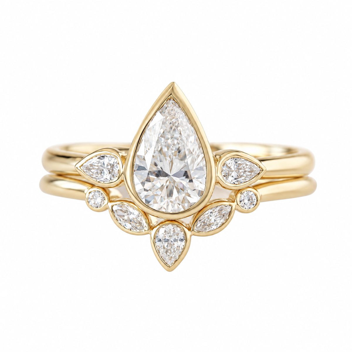 Delicate Pear Diamond Ring Set, Baby Safe All Bezel Comfortable Ring Set