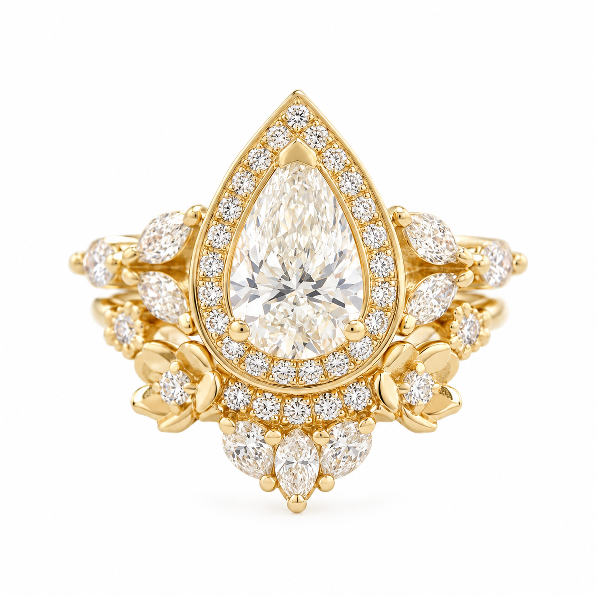 1 Carat Pear Diamond Halo Engagement Ring with Matching Flowers Curve Nesting Ring - Muse and Flora