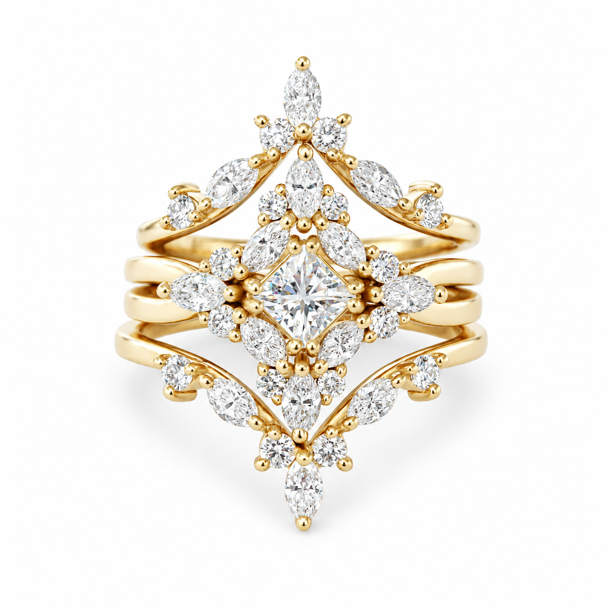 Princess Cut Diamond Engagement Ring, Three Rings Set - Altair and Two Hermes Sidebands