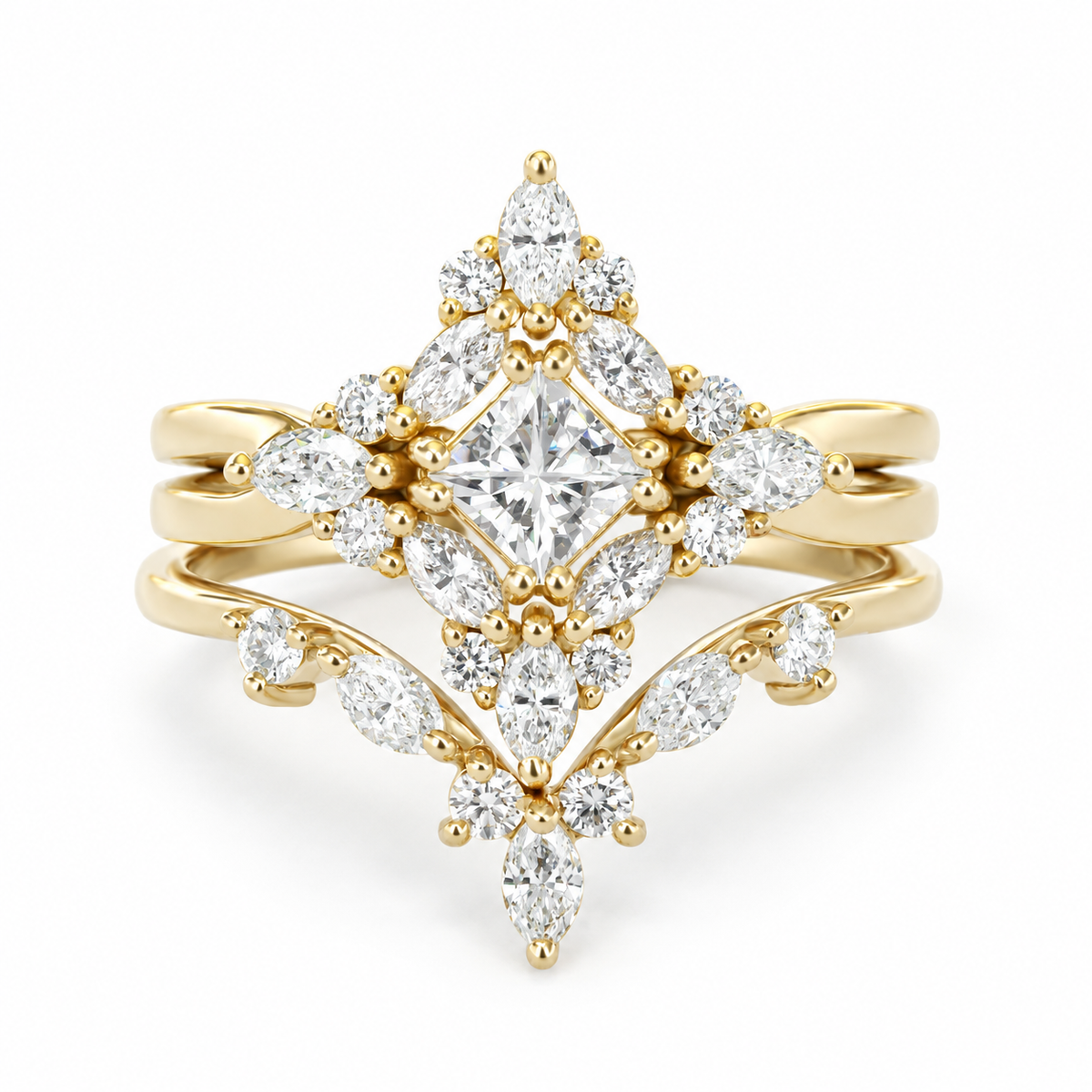 Princess cut diamond unique engagement ring, Two Wedding Rings Set - Altair & Hermes