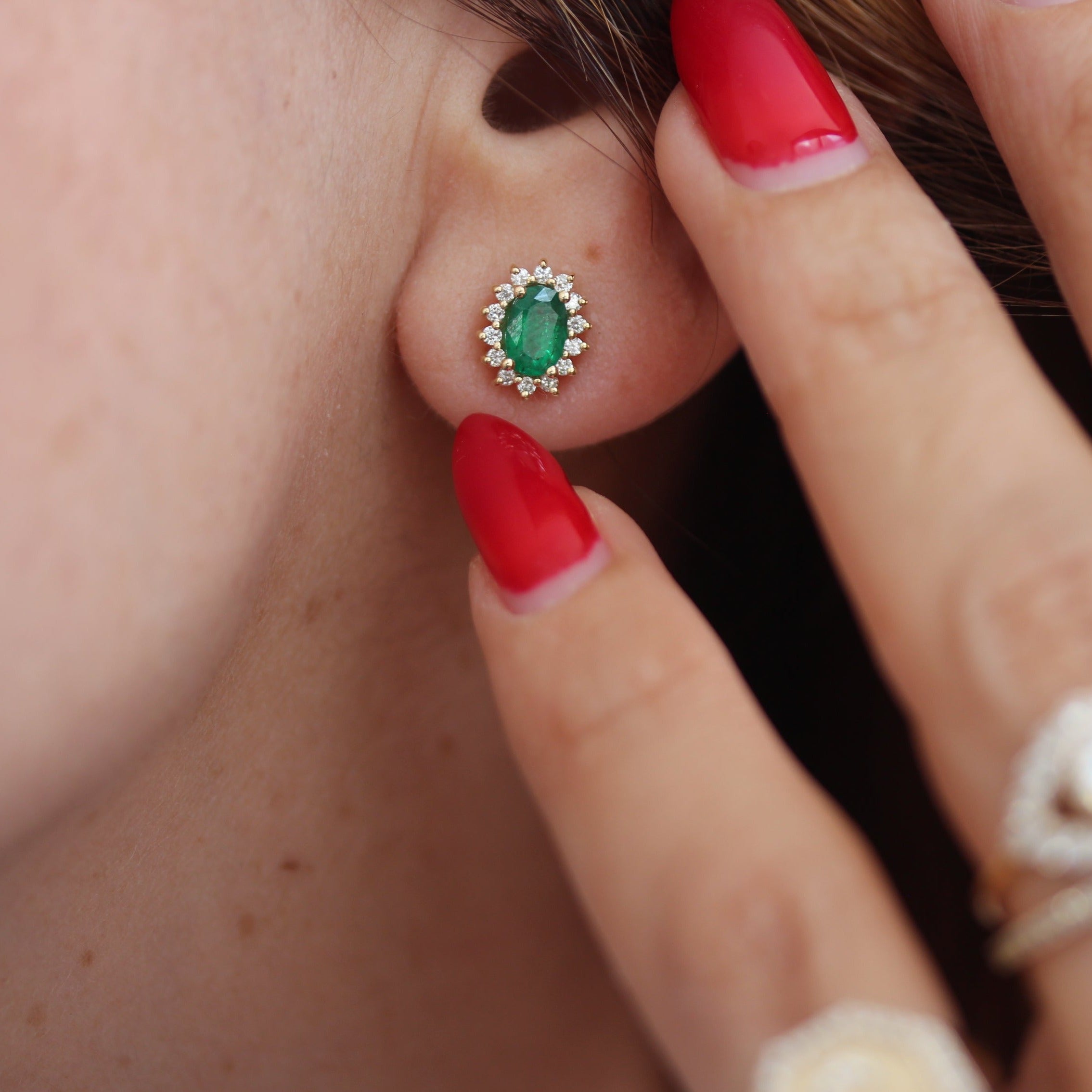 Oval Emerald Diamond Halo Stud Earrings