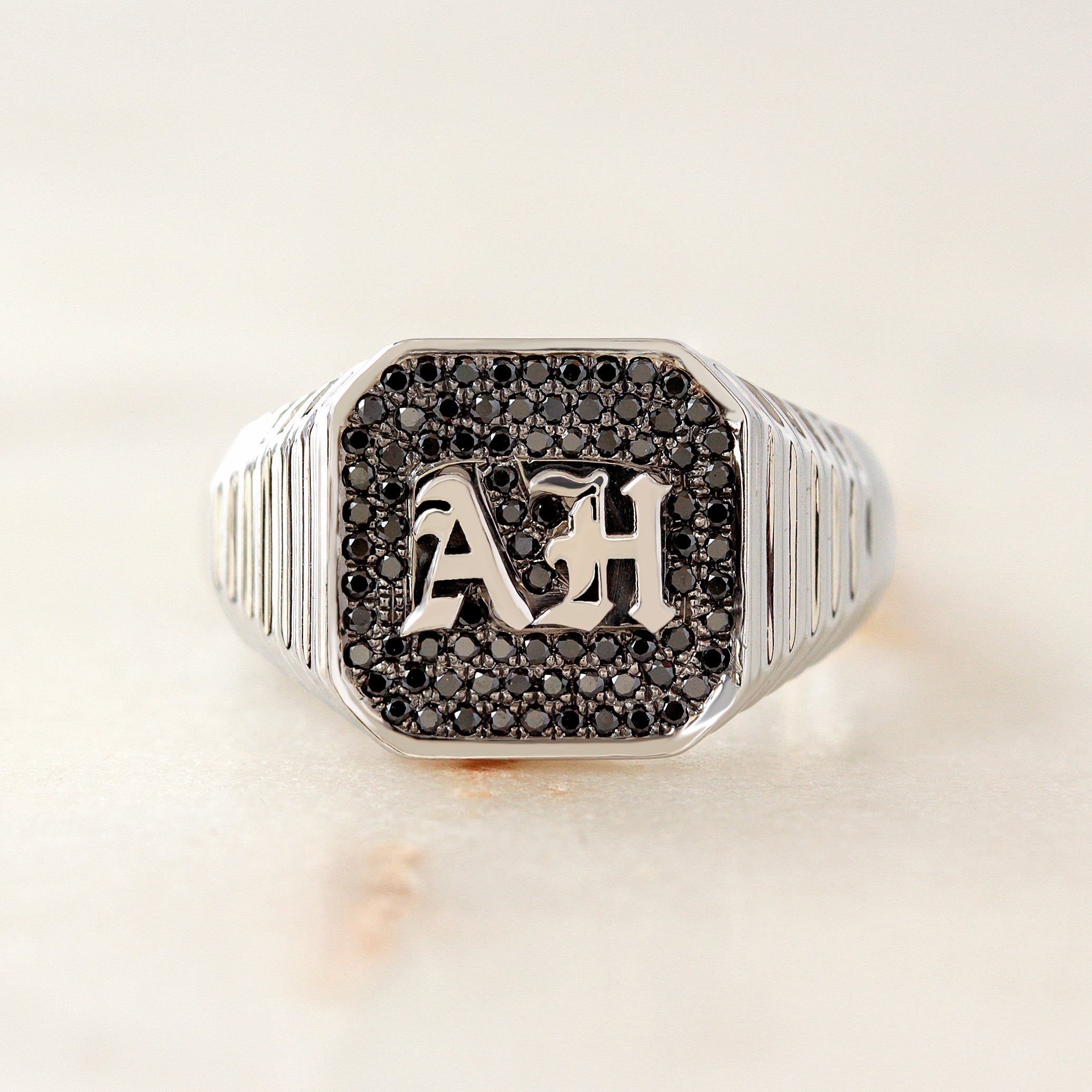 Men's Gothic Initials Signet Ring with Black Diamonds  – Unisex College Ring