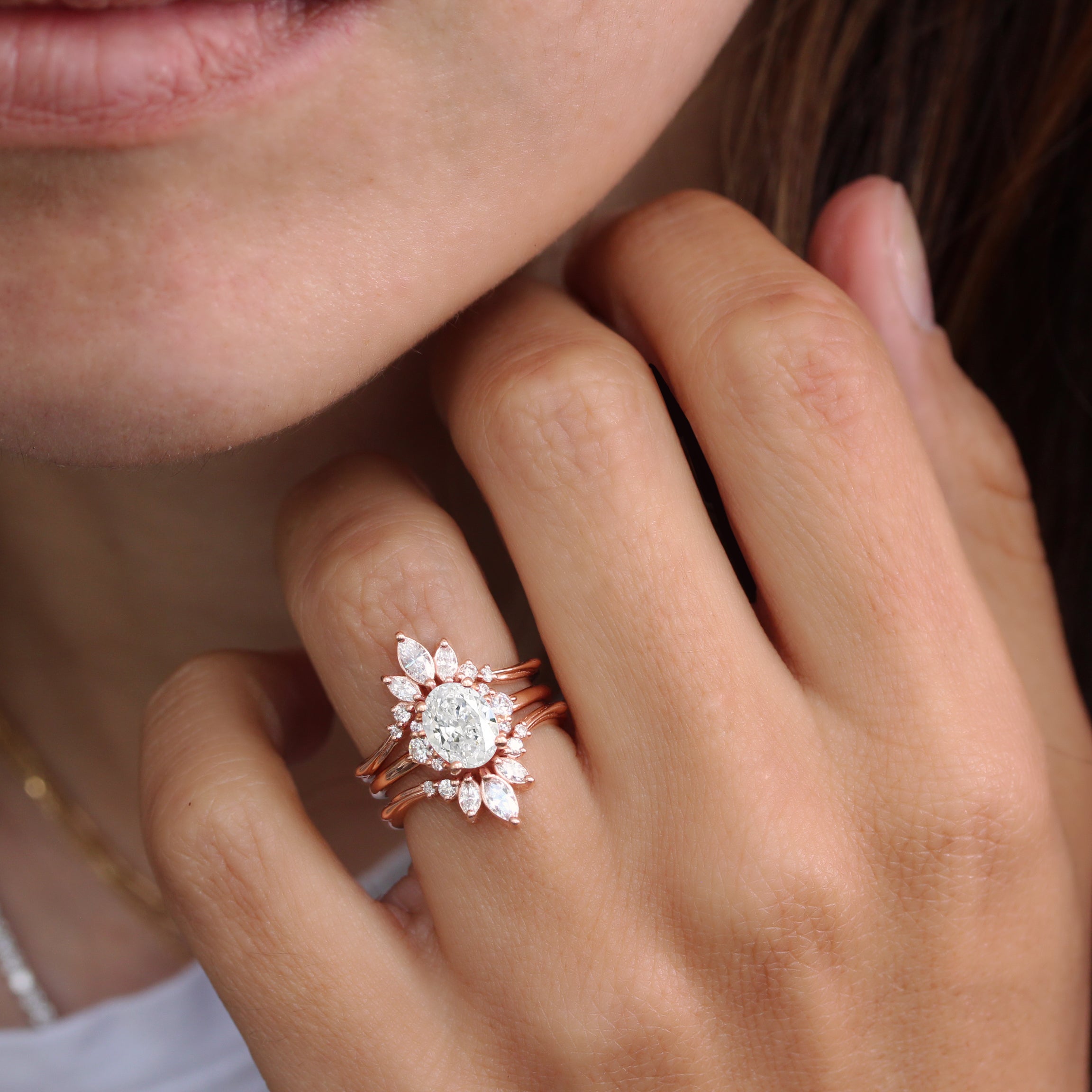 Oval Diamond Engagement Ring With Diamond Ring Guard Enhancer, Bridal Ring Set - Isabella & Danielle