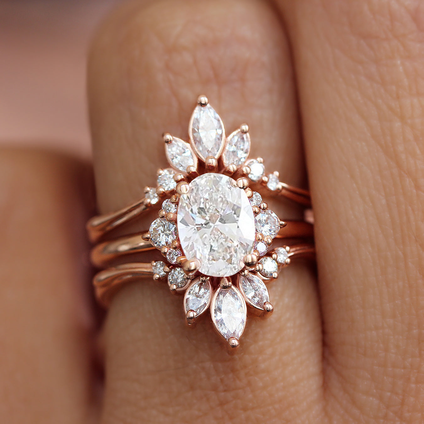 Oval Diamond Engagement Ring With Diamond Ring Guard Enhancer Bridal Ring Set - Isabella & Danielle