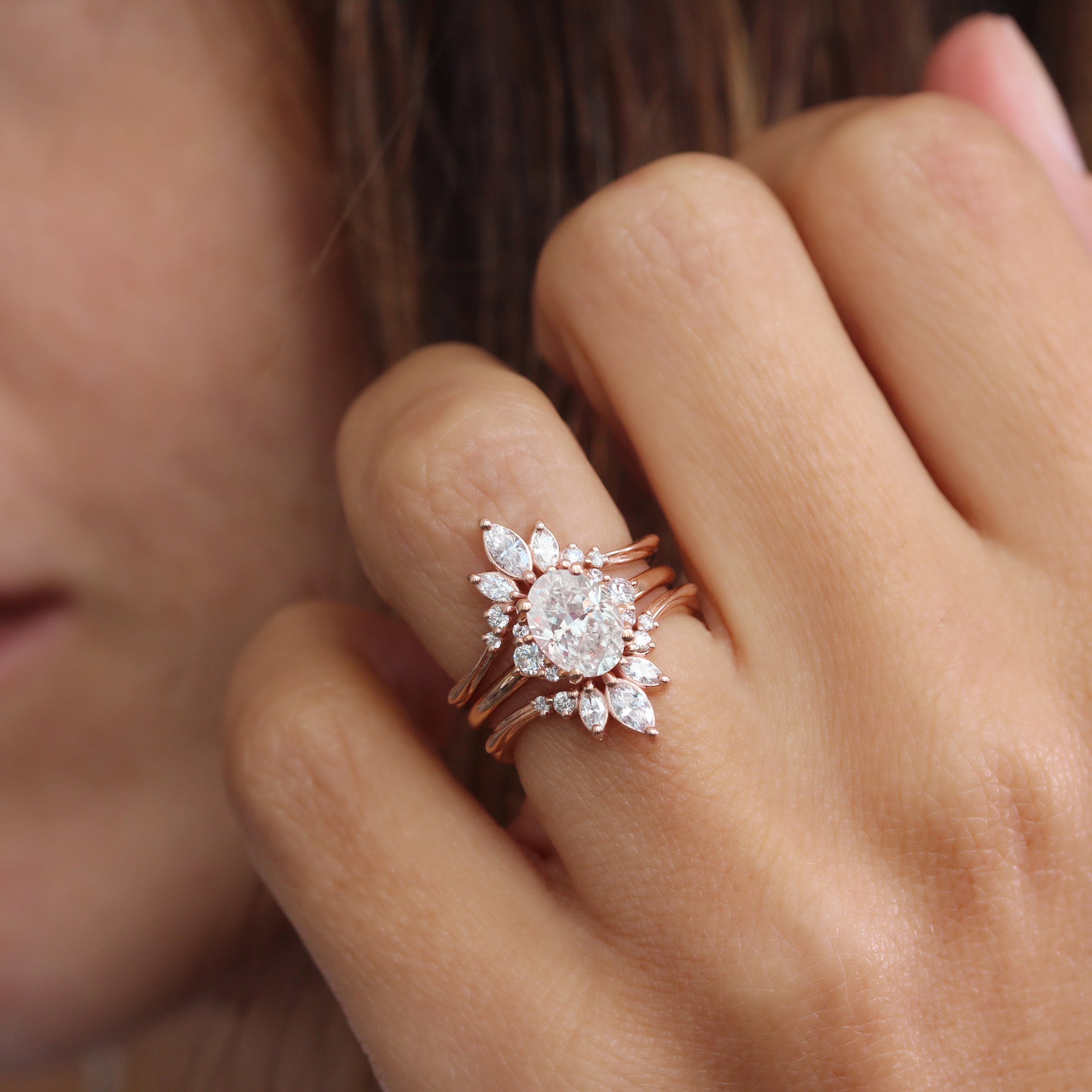 Oval Diamond Engagement Ring With Diamond Ring Guard Enhancer, Bridal Ring Set - Isabella & Danielle