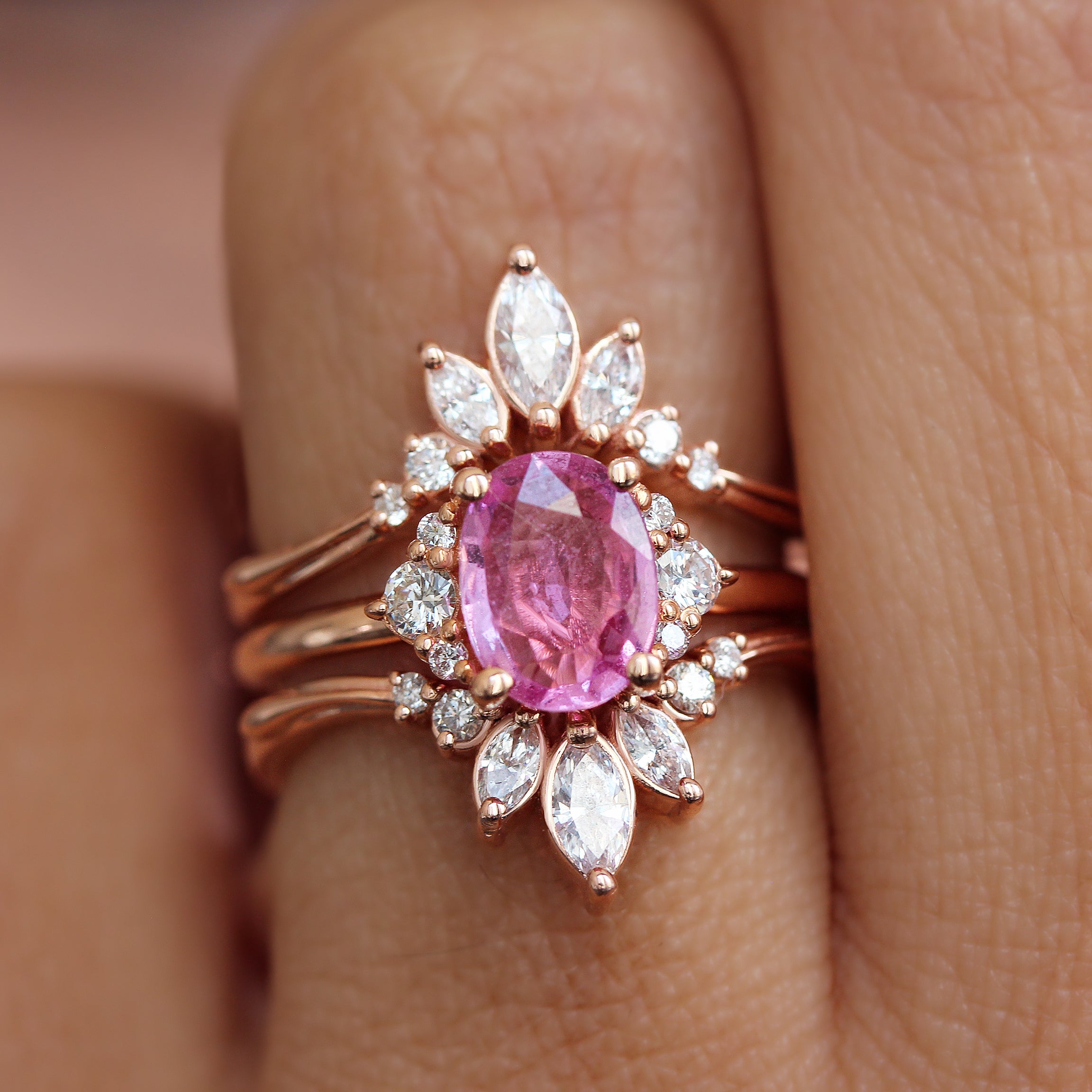 Oval Pink Sapphire Engagement Ring With Diamond Ring Guard Enhancer, Bridal Ring Set - Isabella & Danielle