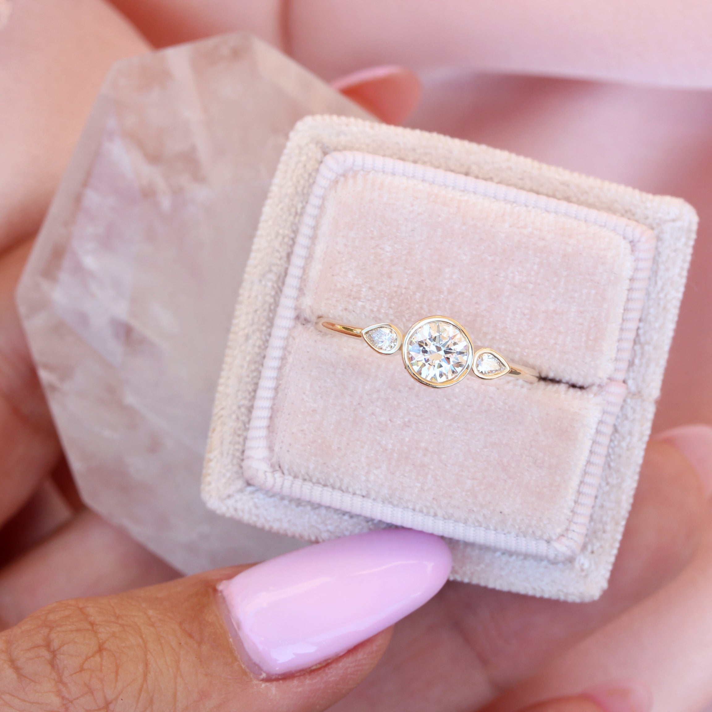 Three stone Bezel Set Delicate Diamond Engagement "Kiss" Ring ♥