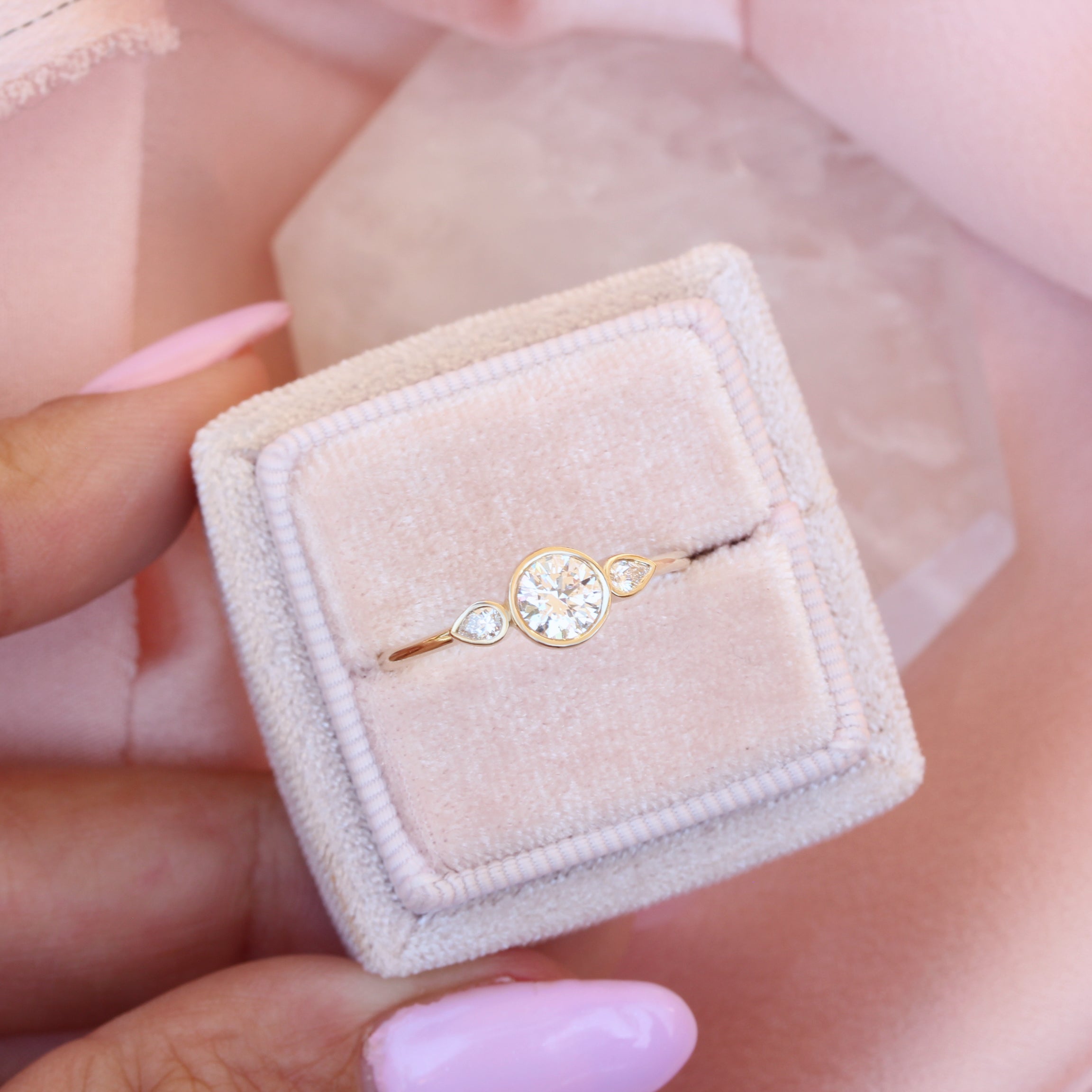 Three stone Bezel Set Delicate Diamond Engagement "Kiss" Ring ♥