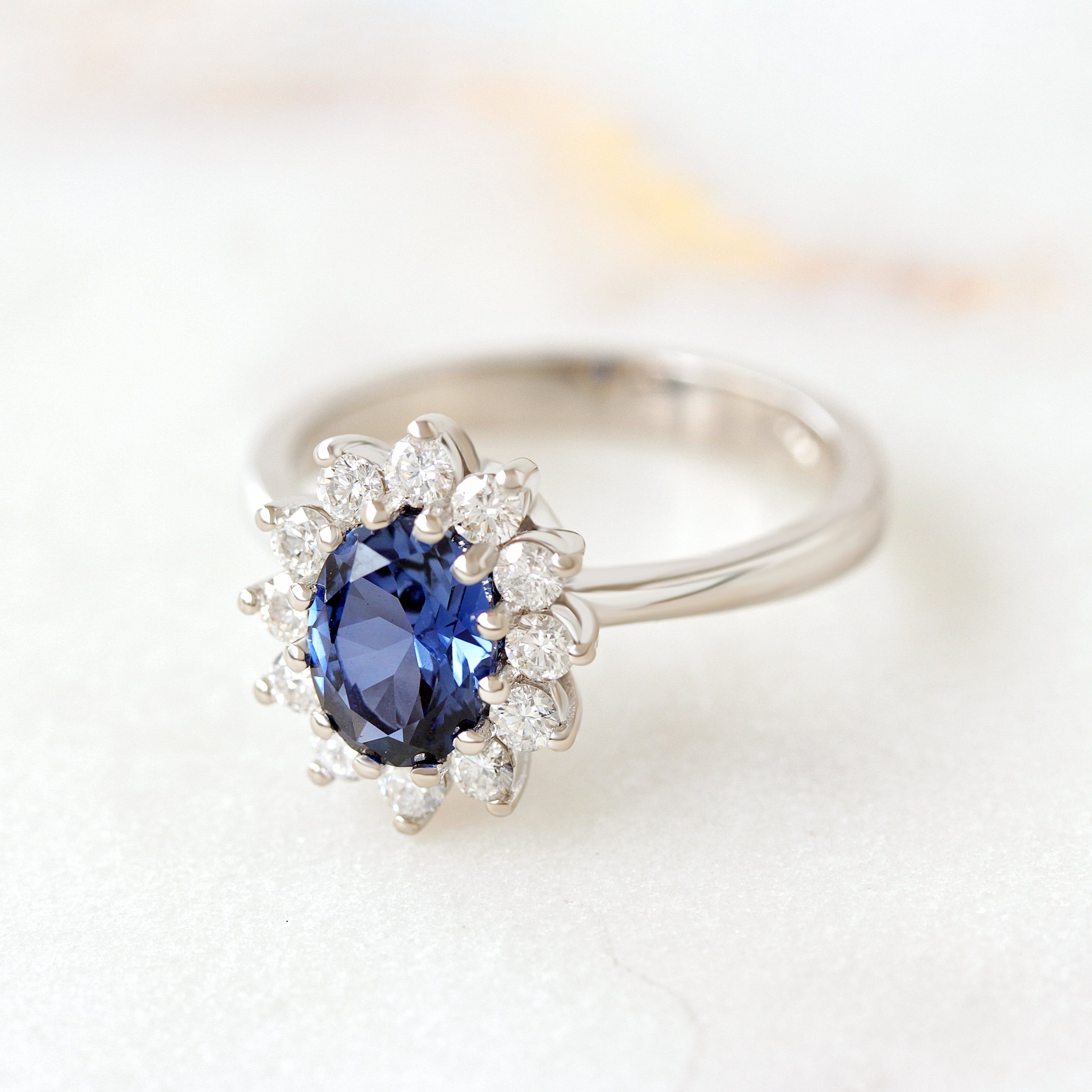 Lab Grown Oval Blue Sapphire & Diamonds Engagement  Ring Basic