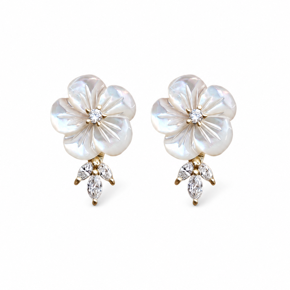 Large Pearl Flower Marquise Diamond Stud Earring, Bridal Earrings