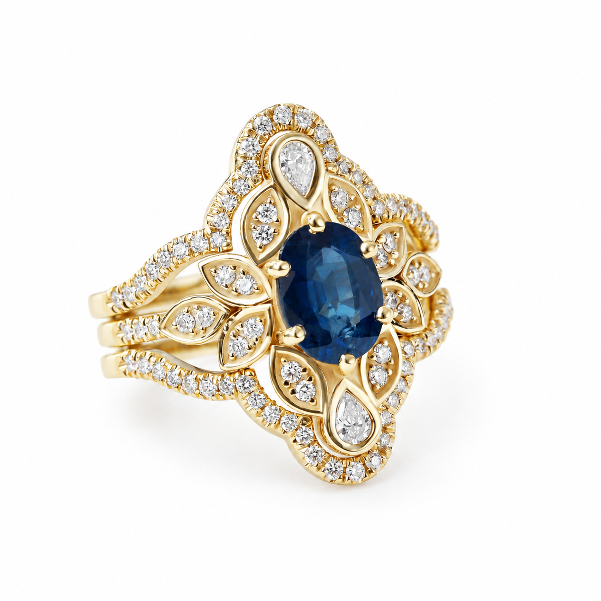 Lily #4 Blue Sapphire & Diamond Flower Unique Engagement Ring Set