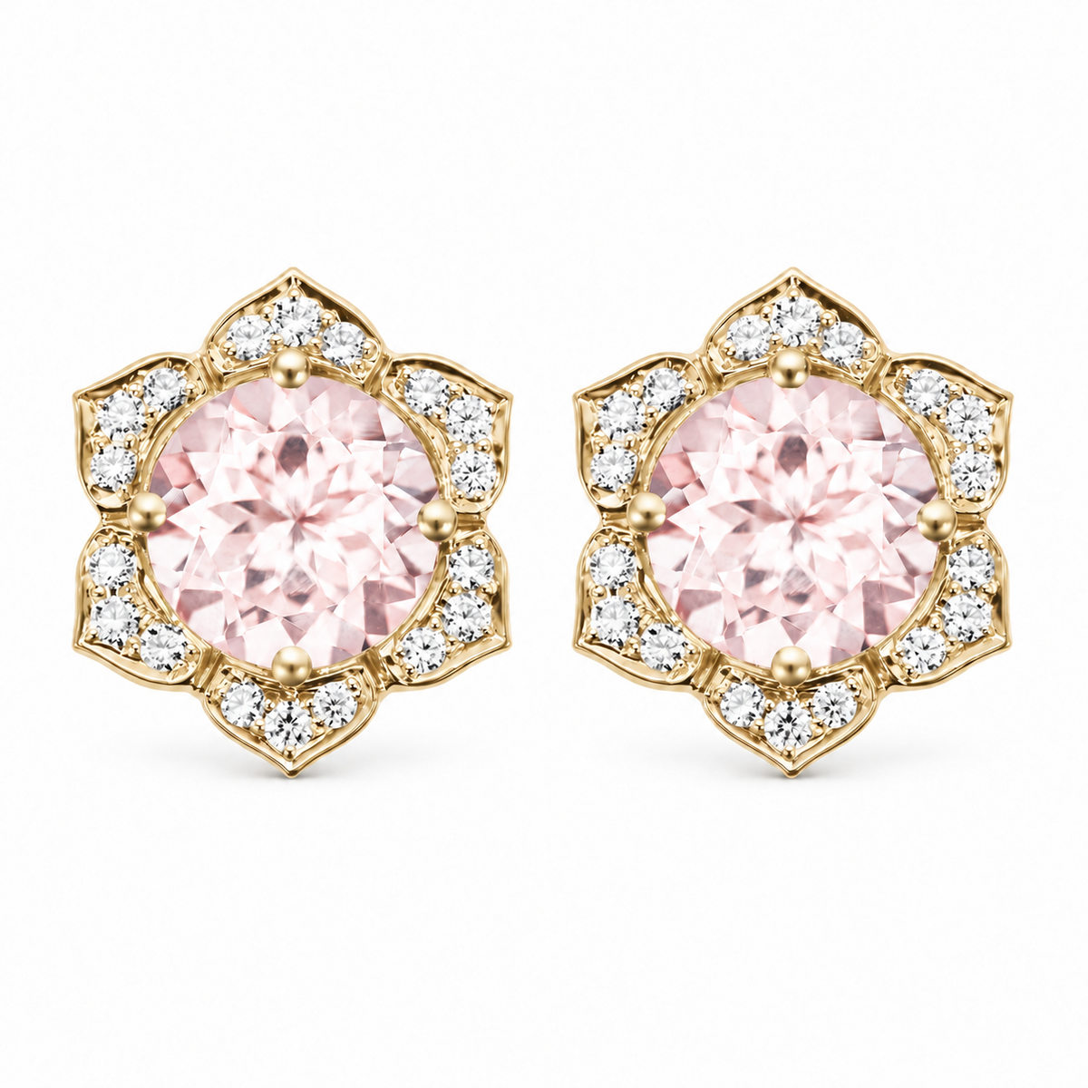 Lily Flower Morganite and Diamonds Stud Earrings