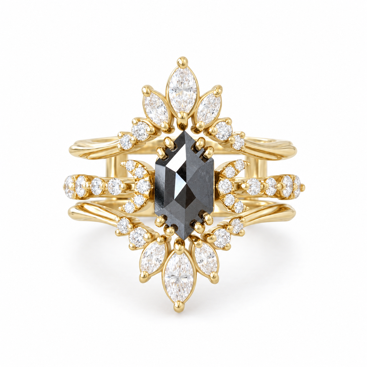 Long Hexagon Black Diamond and Danielle Ring Guard Alternative Celestial Engagement Ring Set