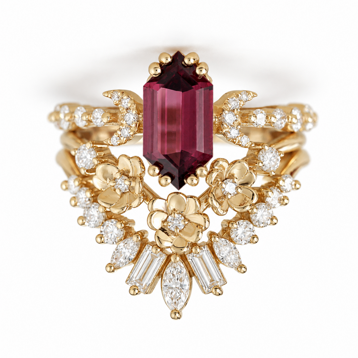 Long Hexagon Rhodolite Garnet and Diamonds Flowers Boho Engagement - Three Ring Set