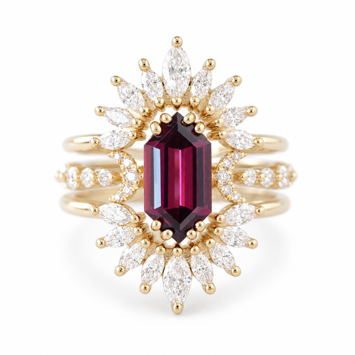 Long Hexagon Rhodolite and Sunburst Nesting Rings Diamonds Three Ring Set