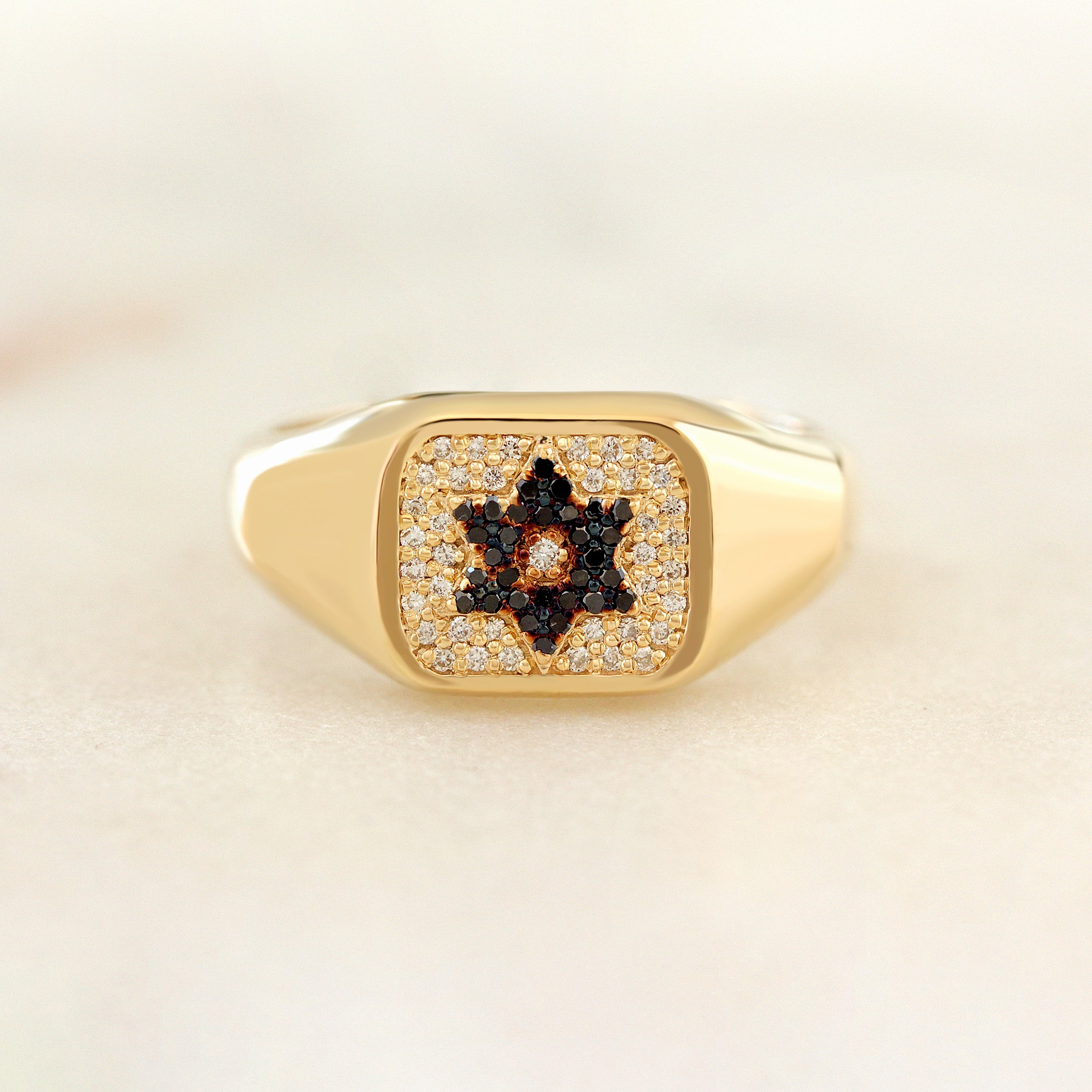 Magen David White and Black Diamonds Unisex Signet Ring - Unisex College Ring