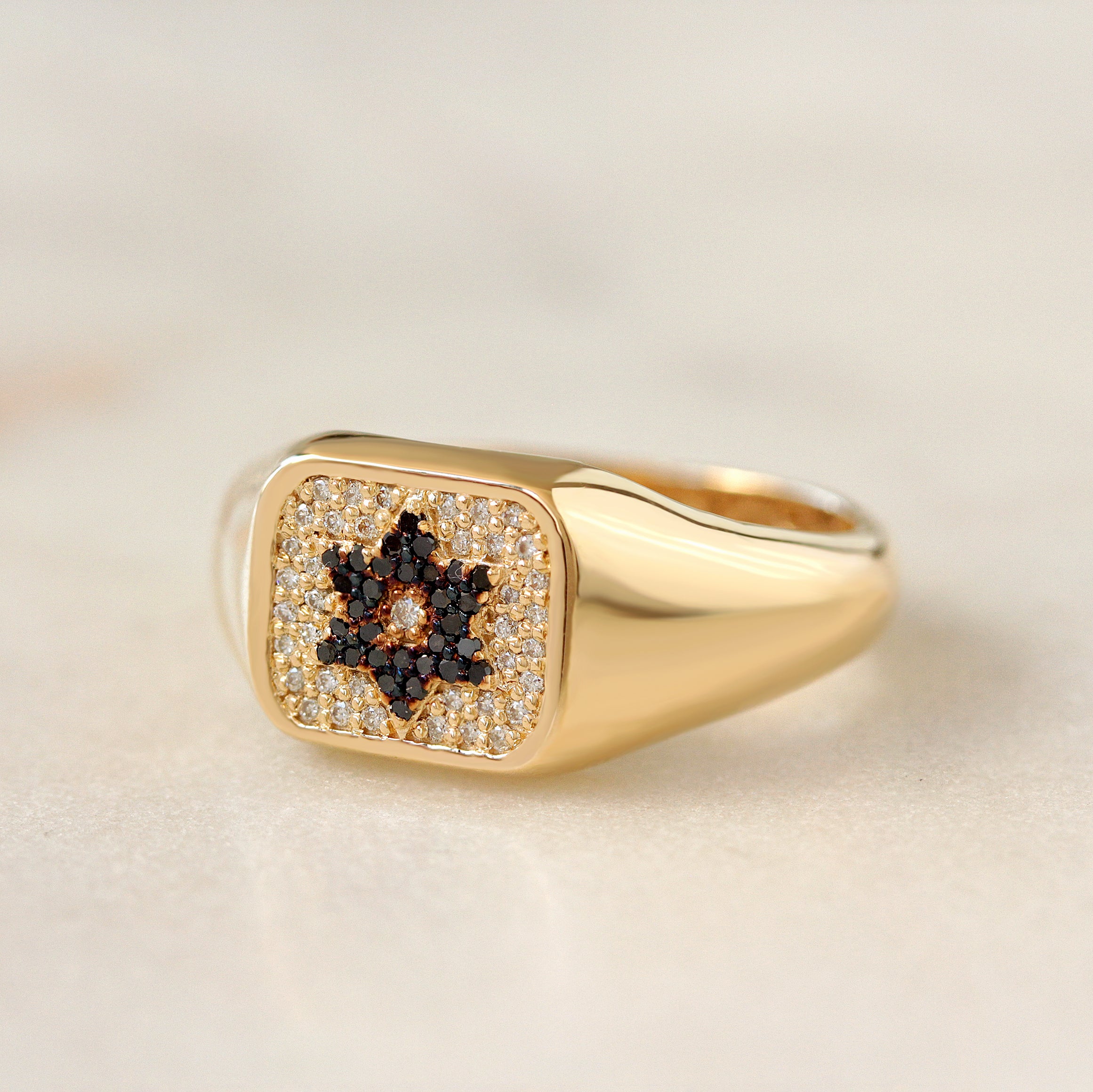 Magen David White and Black Diamonds Unisex Signet Ring - Unisex College Ring