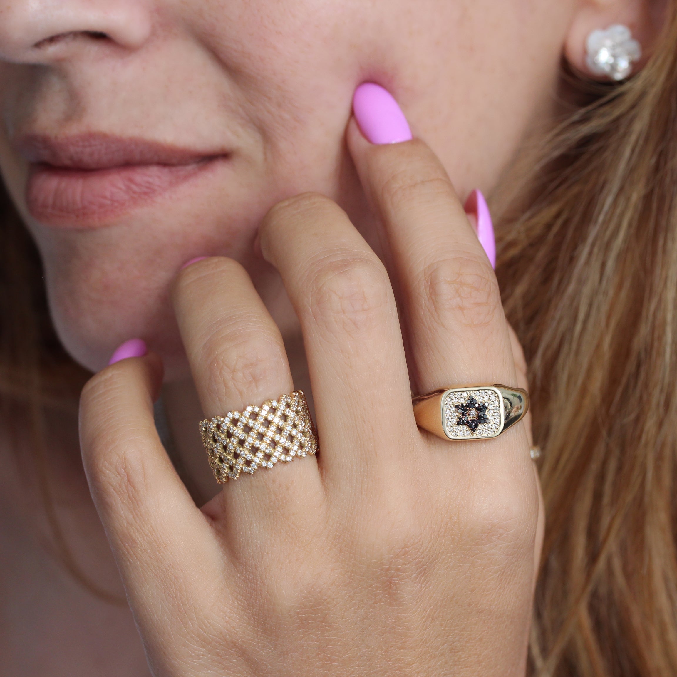 Magen David White and Black Diamonds Unisex Signet Ring - Unisex College Ring