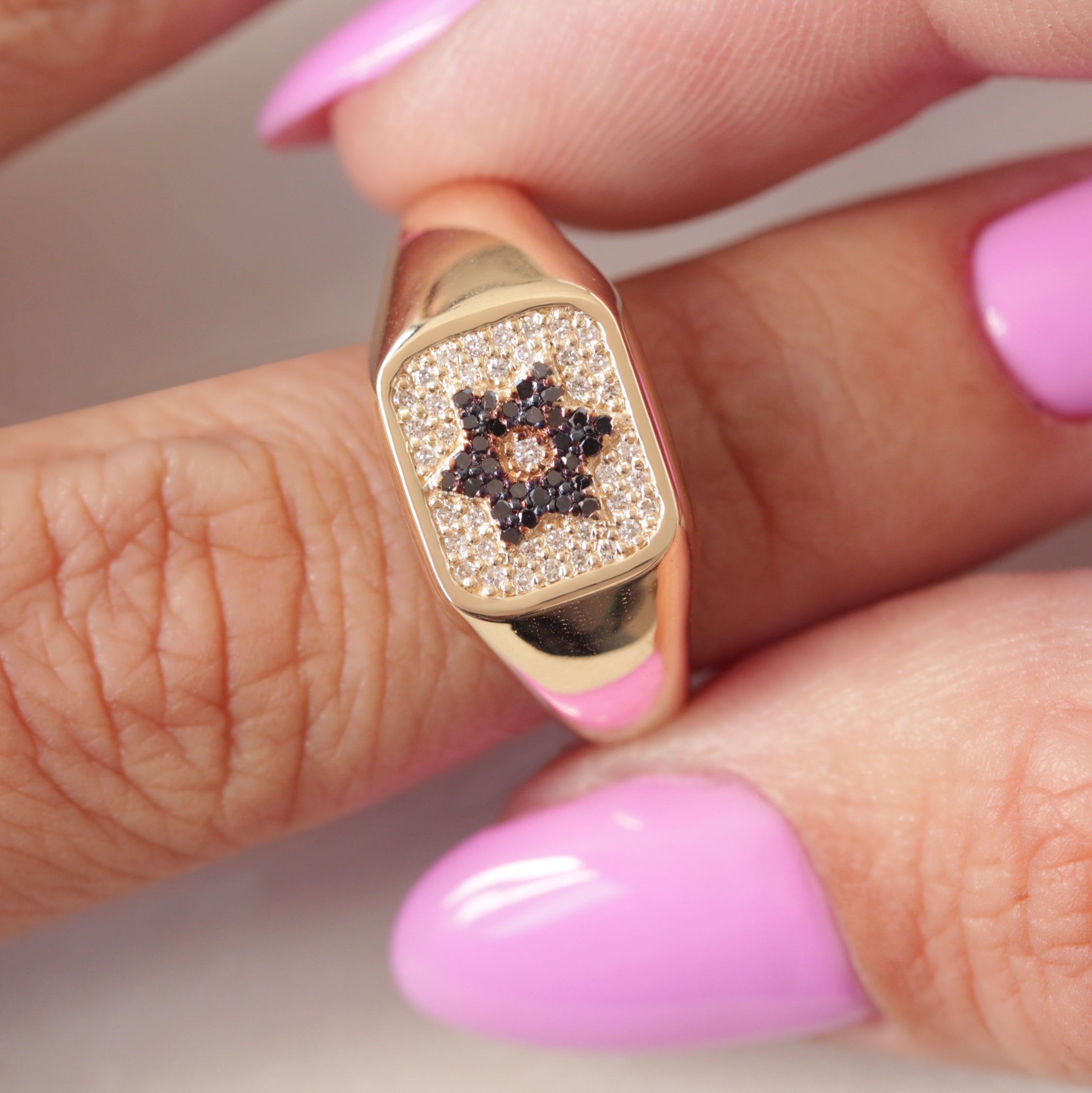 Magen David White and Black Diamonds Unisex Signet Ring - Unisex College Ring