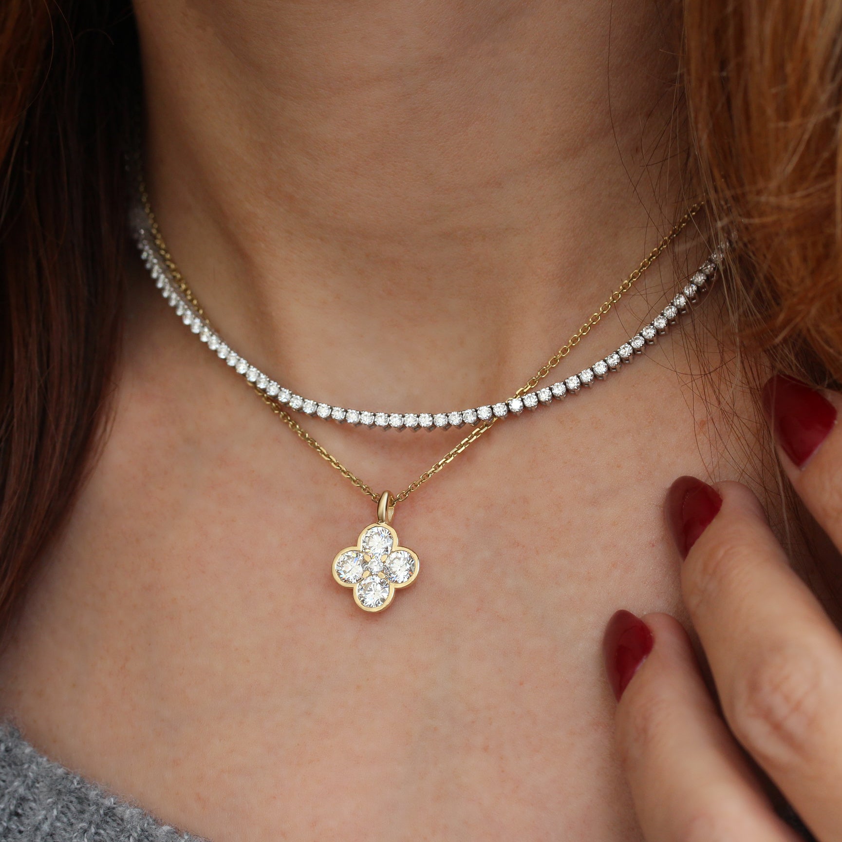 Manifestation Lucky Clover Blossom Gold and Diamond Pendant, Golda, good luck charm, half bezel, invisable setting, talisman amulet, diamond charm pendant, manifestation, spiritual diamond jewelry, real gold manifestation necklace, graduation gift.