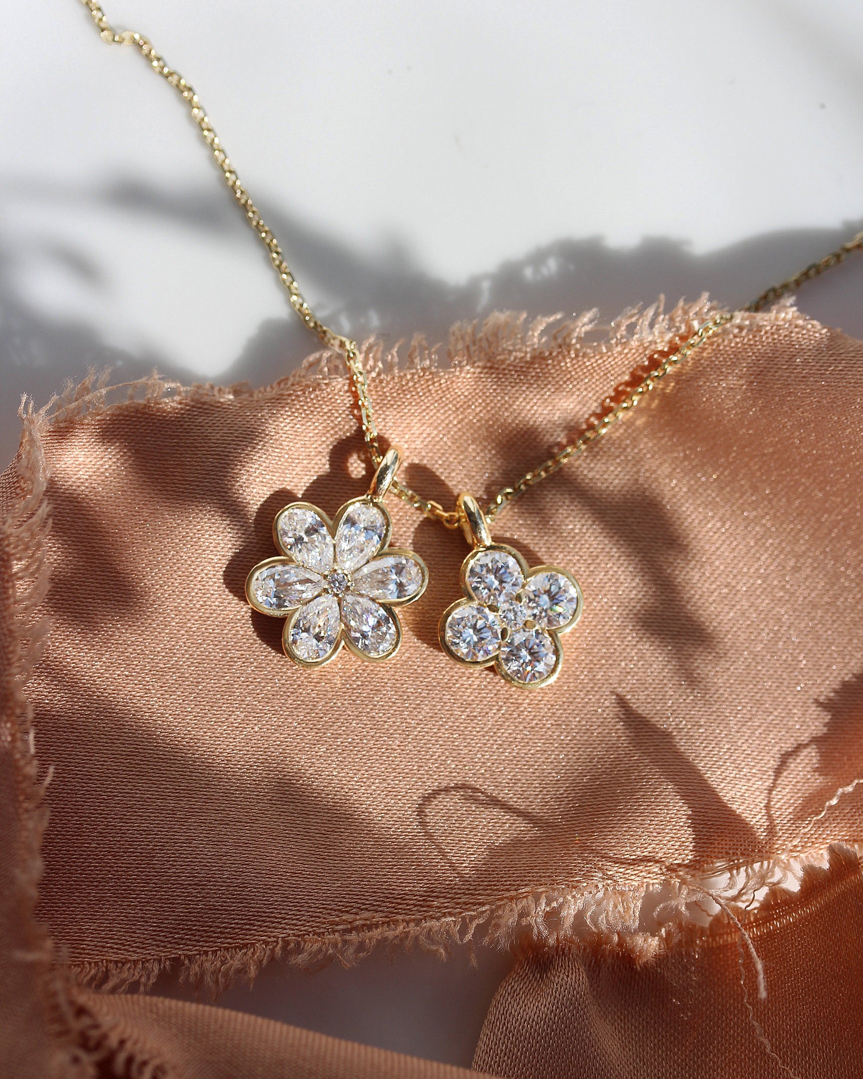 Pear Diamond Invisible Half Bezel Flower Necklace, Lucky Blossom Manifestation Pendant Golda