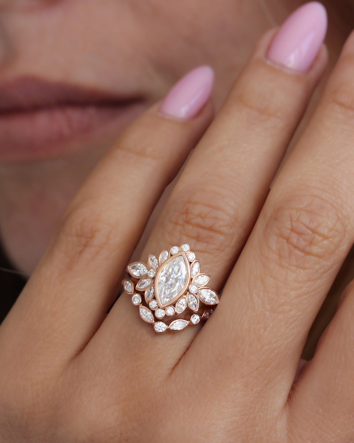 Marquise Bezel Set Comfortable Engagement Ring with One Matching Lily ...