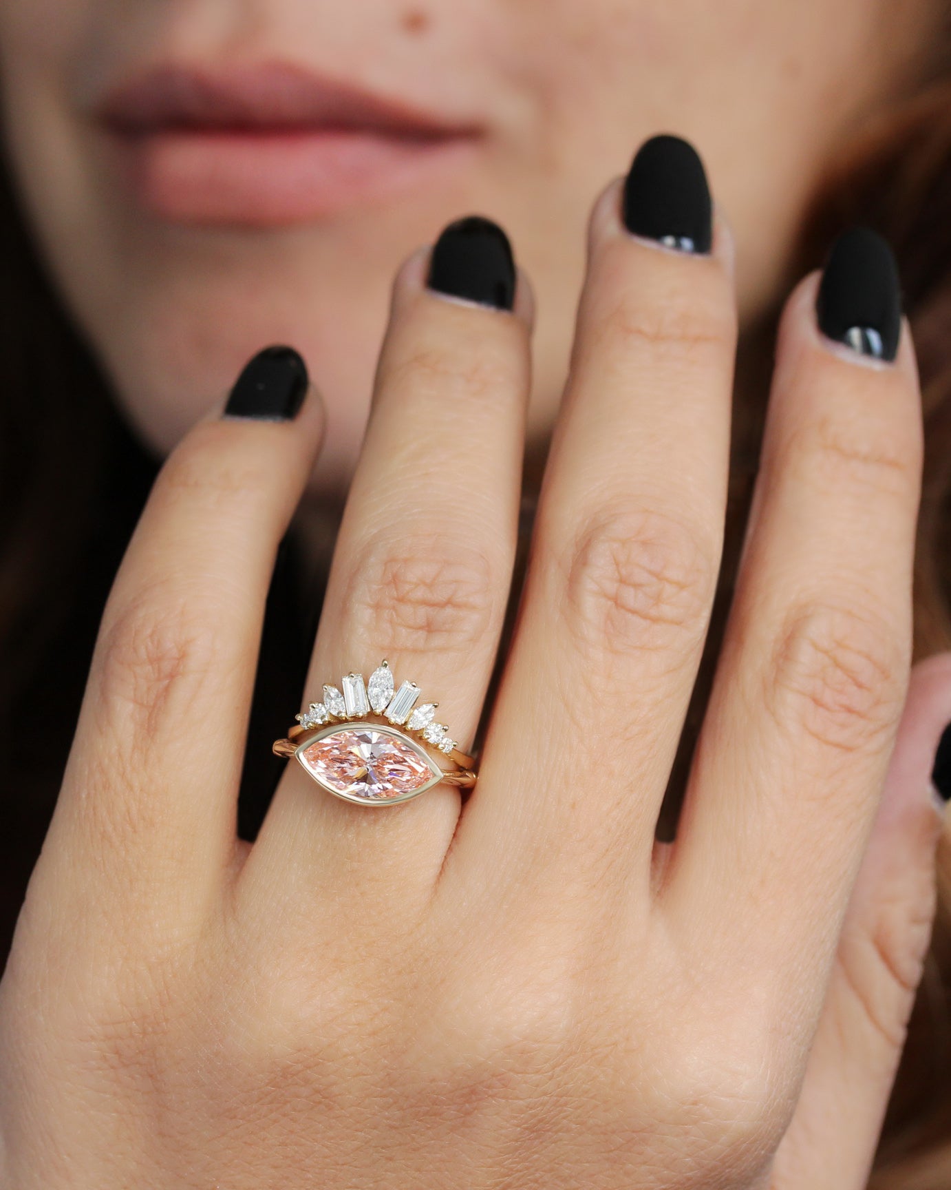 Marquise Pink Lab Diamond Bezel Set East West Solitaire Engagement Ring, 2ct marquise, pink lab diamond, east west setting, bezet seting, solitaire engagement ring, anniversary ring