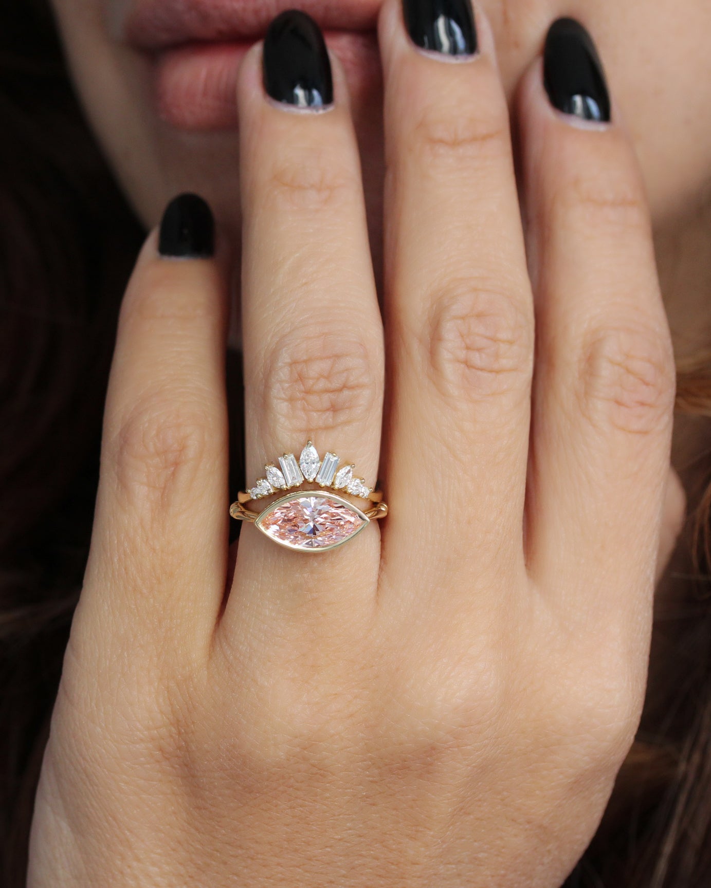 Marquise Pink Lab Diamond Bezel Set East West Solitaire Engagement Ring, 2ct marquise, pink lab diamond, east west setting, bezet seting, solitaire engagement ring, anniversary ring