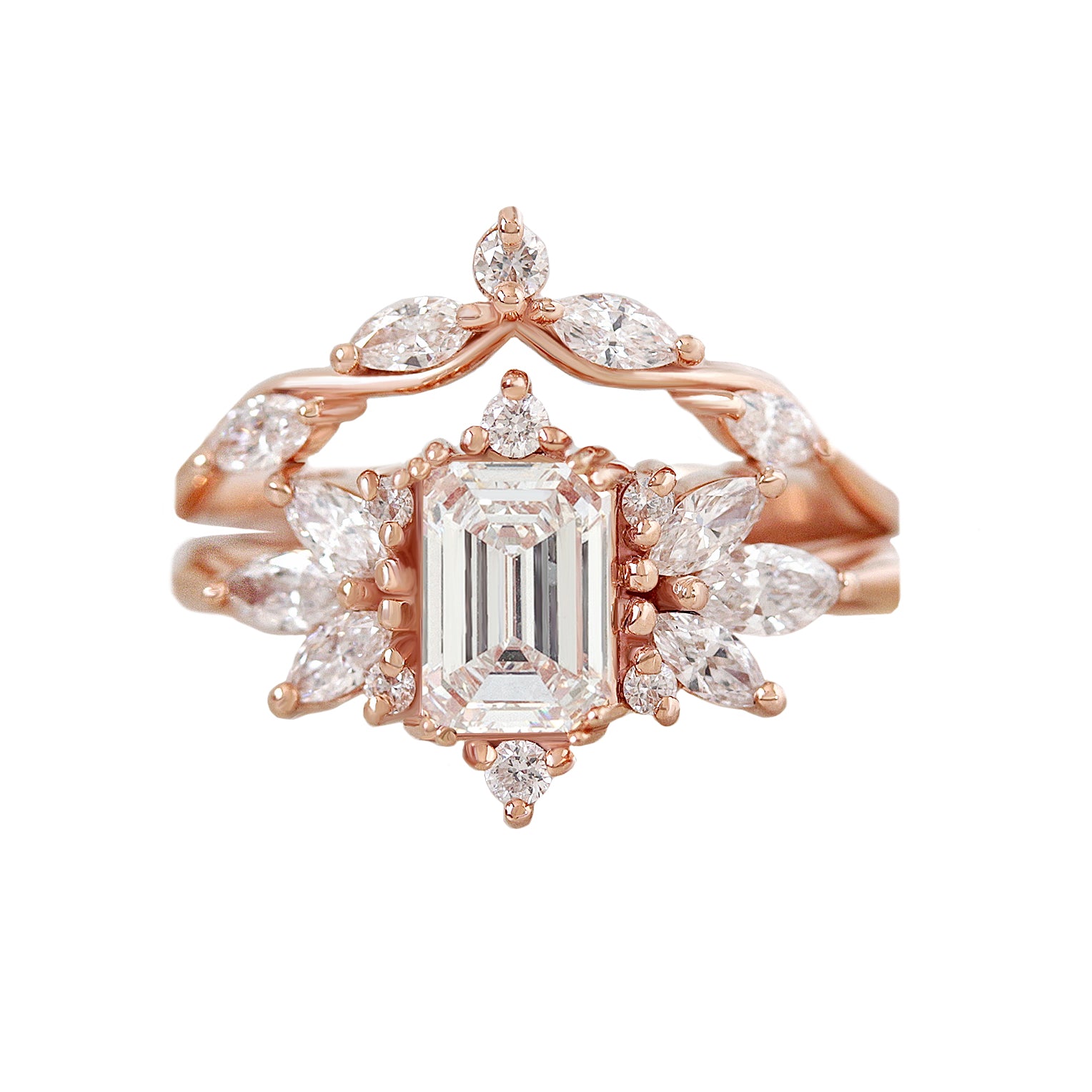 Emerald Cut Diamond Unique Engagement Ring with Marquise Diamond Matching Wedding Ring Set Spark & Wavy