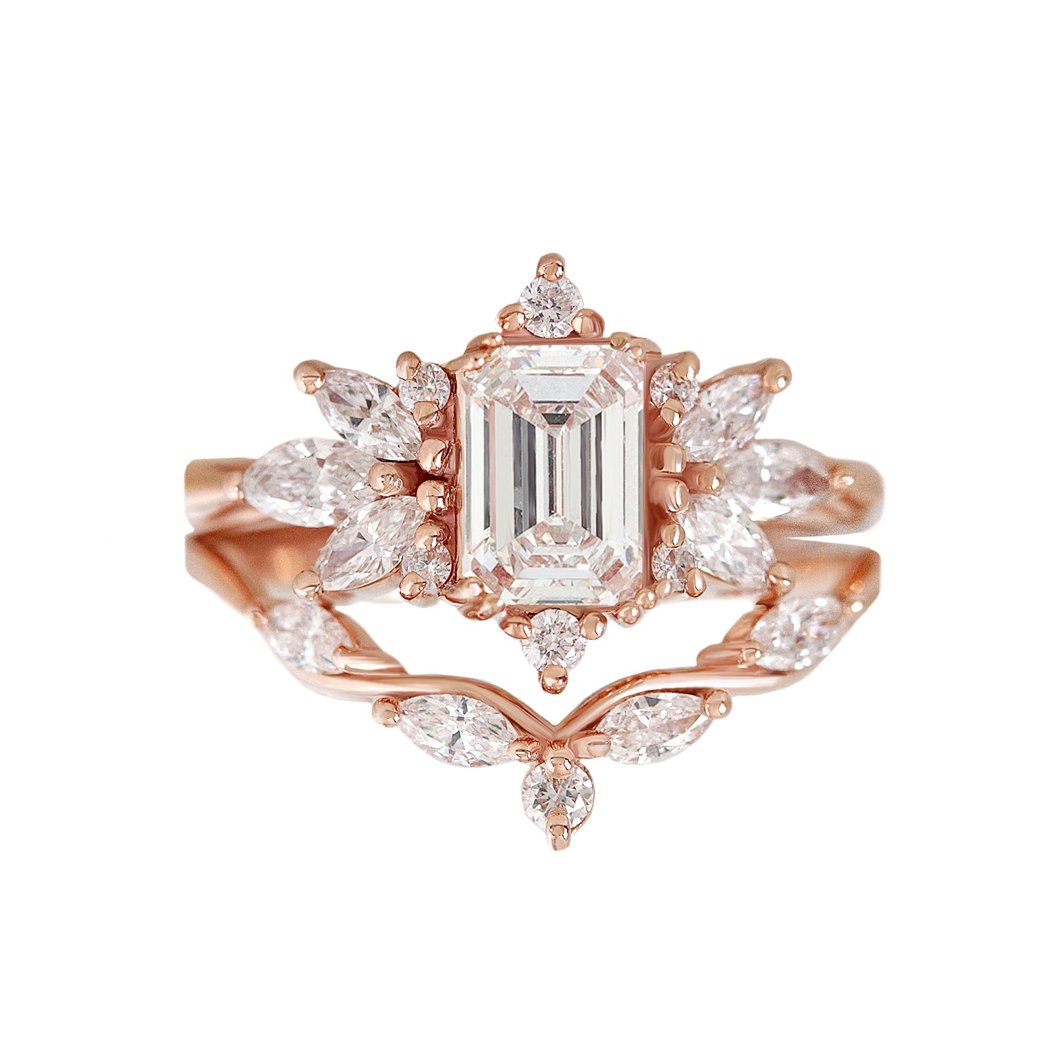 Emerald Cut Diamond Unique Engagement Ring with Marquise diamond Matching Wedding Ring Set Spark & Wavy
