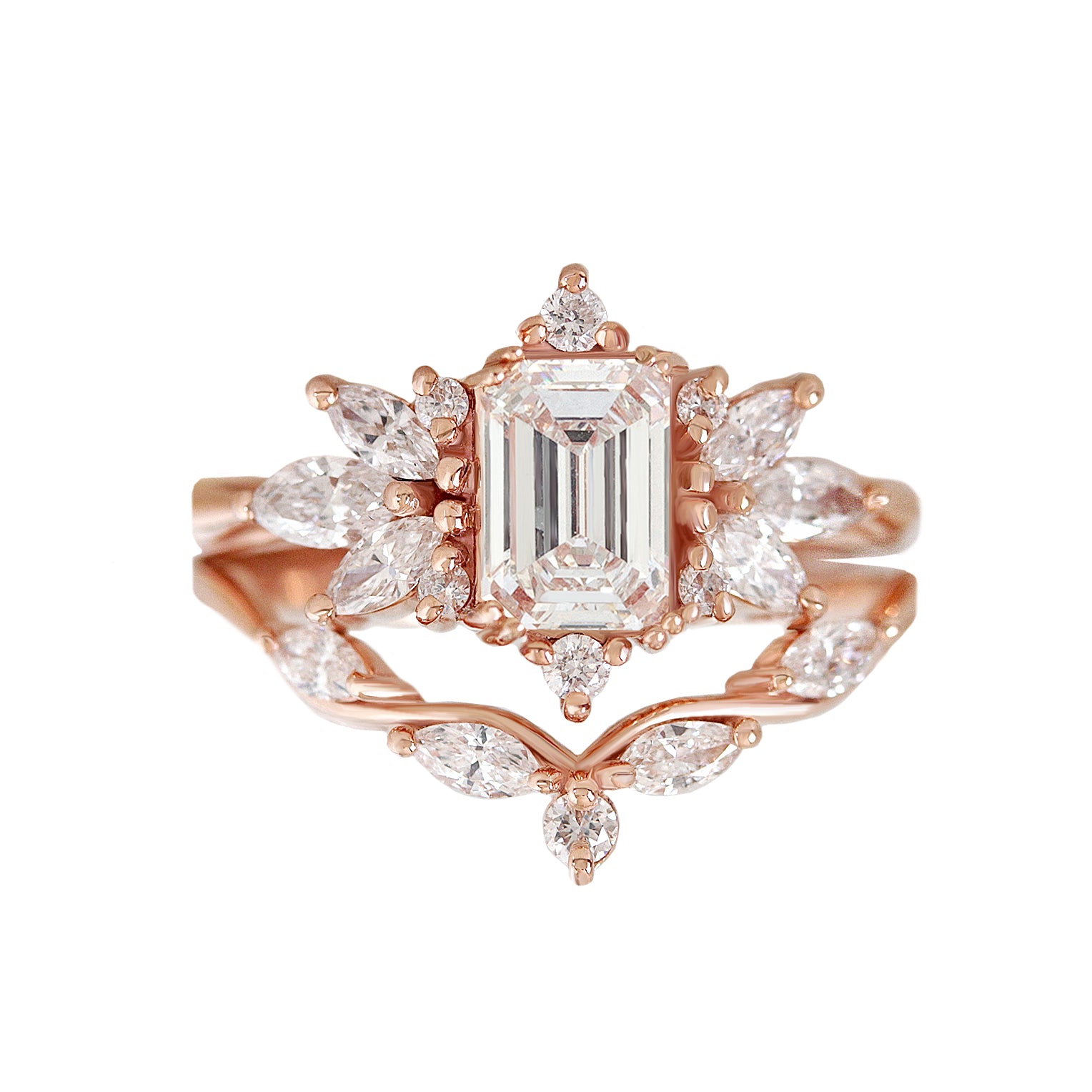 Emerald Cut Diamond Unique Engagement Ring with Marquise Diamond Matching Wedding Ring Set Spark & Wavy
