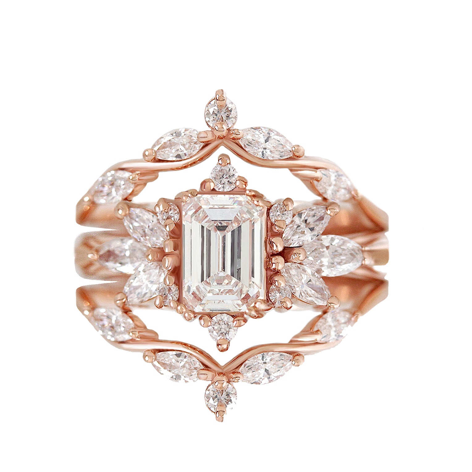 Emerald Cut Diamond Unique Engagement Ring with Marquise Diamond Matching Wedding Ring Set Spark & Wavy