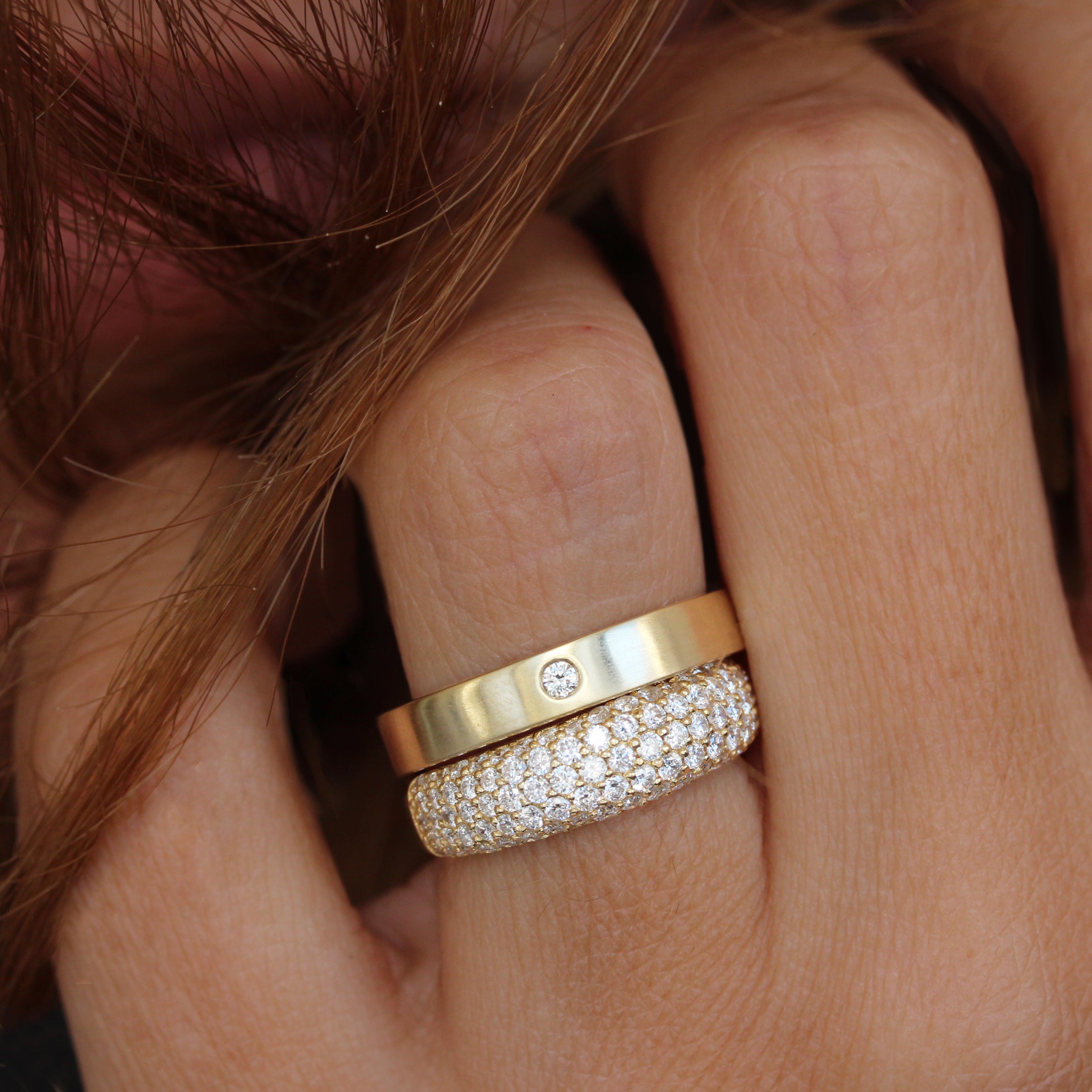 Men Diamond Wedding Ring, Unisex Wedding bands, 4mm wide, brushed finish, gold band
