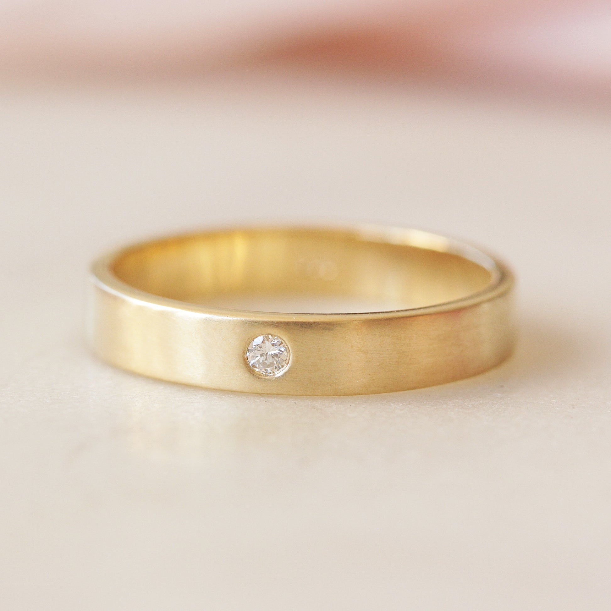 Men Diamond Wedding Ring, Unisex Wedding bands, 4mm wide, brushed finish, gold band