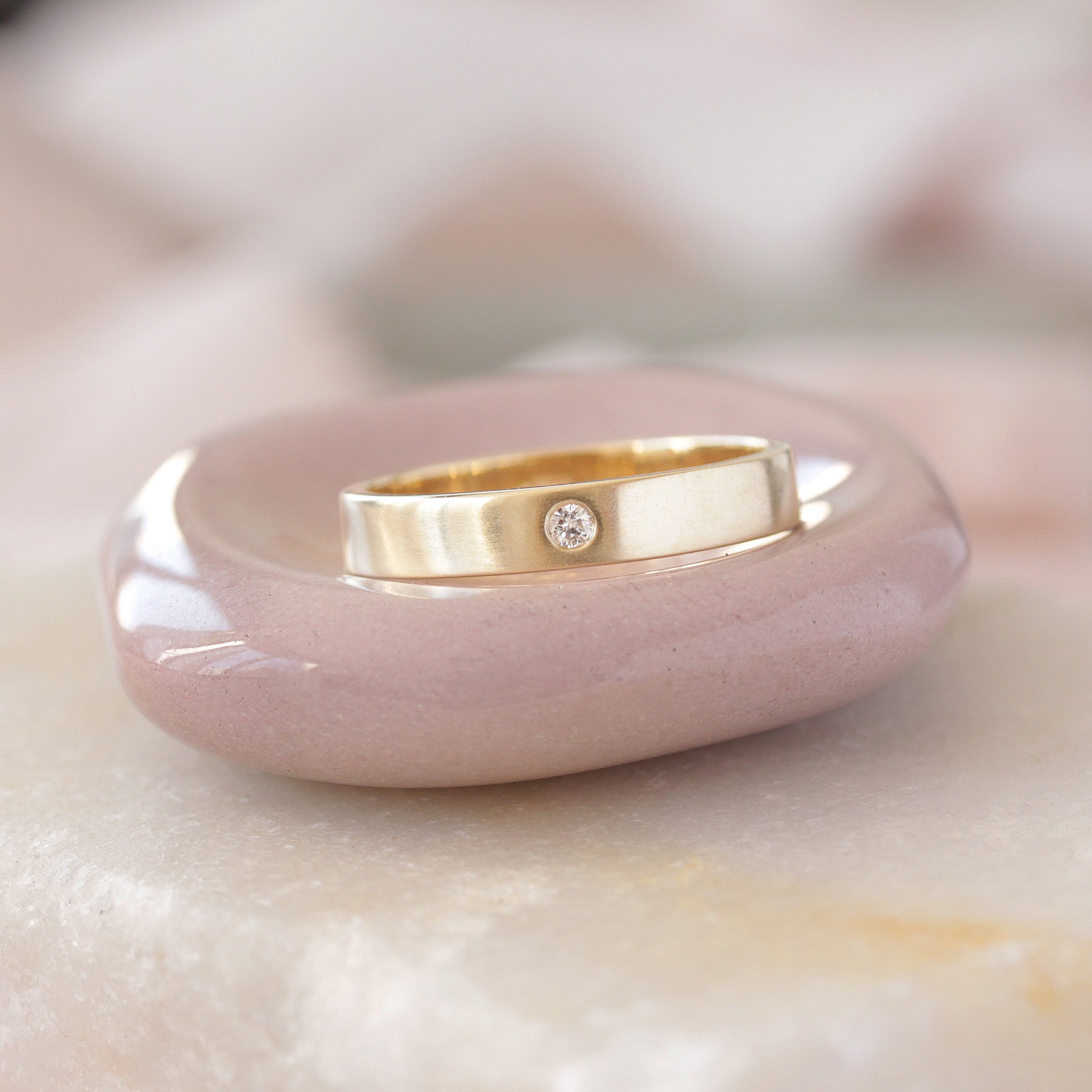 Men Diamond Wedding Ring, Unisex Wedding bands, 4mm wide, brushed finish, gold band
