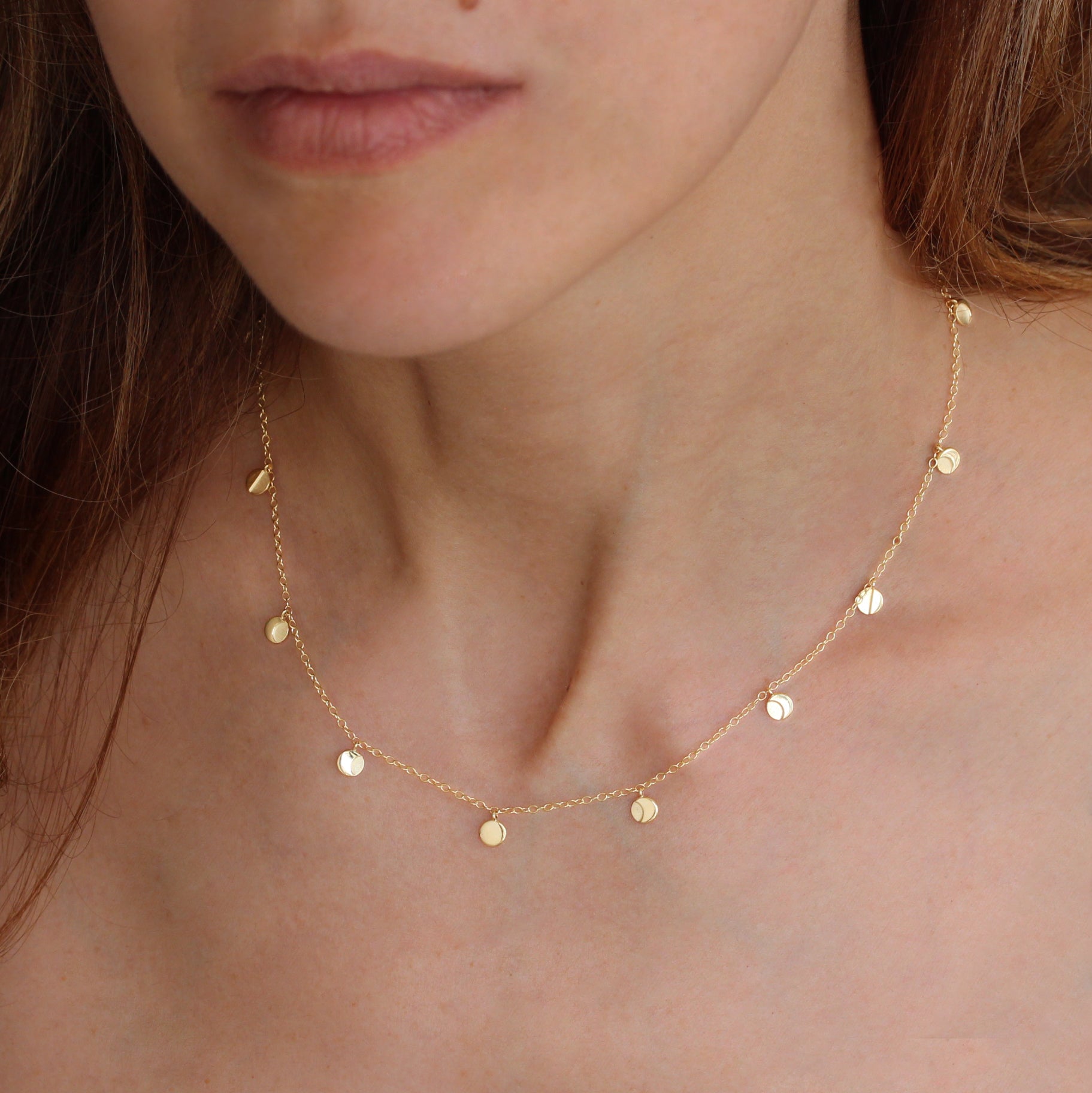 MoonphaseGoldStranddangledropNecklaceyellowgold, whitebg, yellow gold, moon phase, necklace, gold, necklace on model