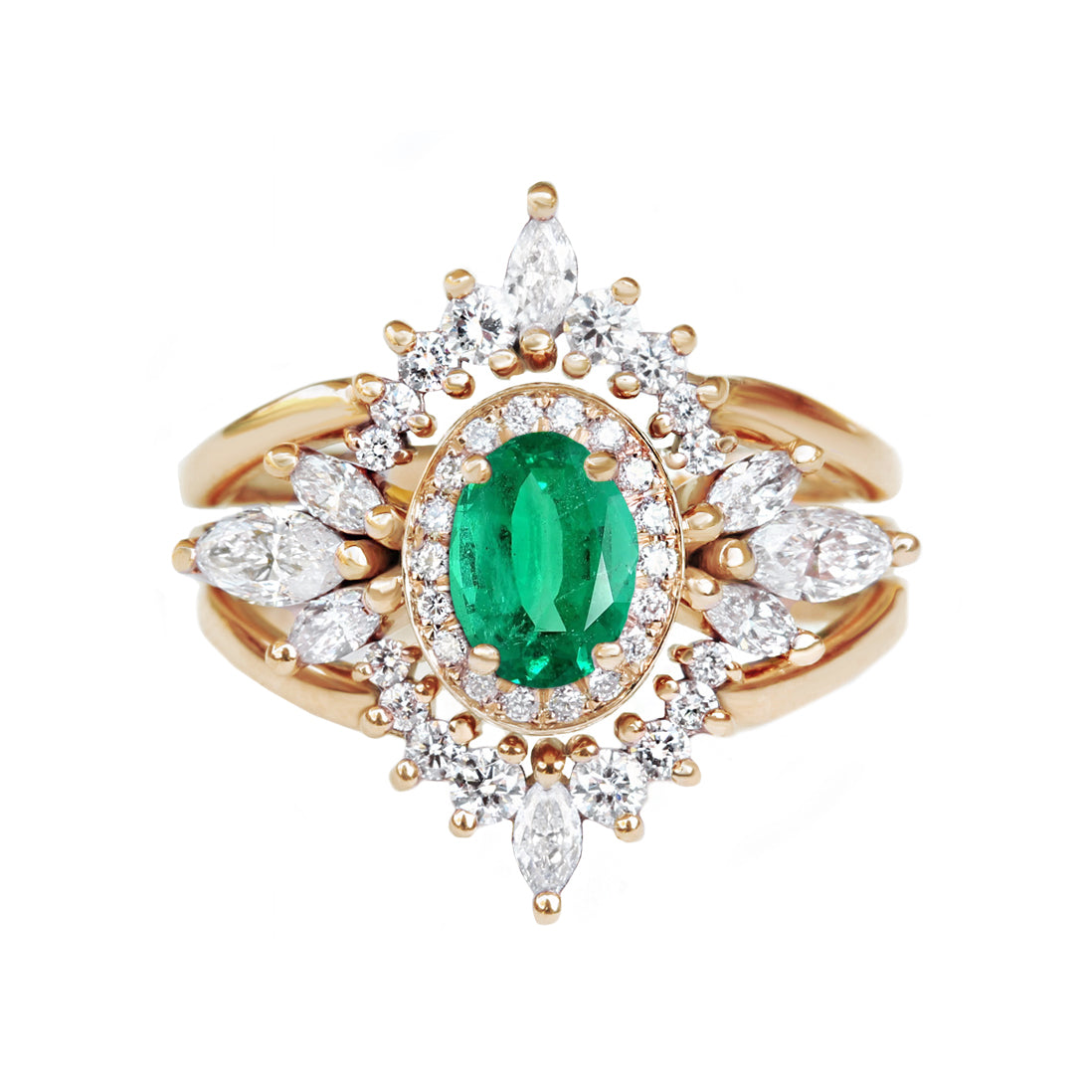Oval Emerald Engagement Ring with Two Crown Nesting Rings - Athena Armour ♥