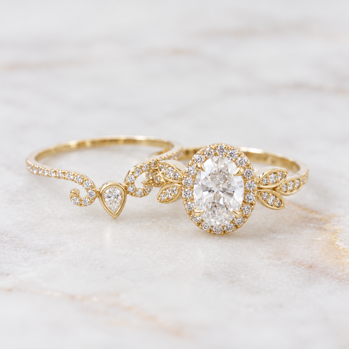 Oval Diamond Engagement Two Rings Set - Minimal Lily & Ariana
