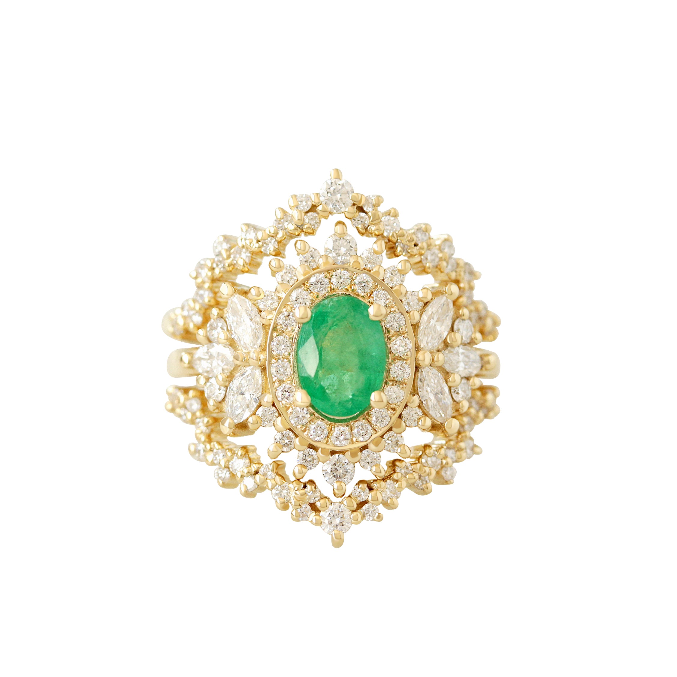 Oval Emerald Double Halo Diamond Unique Engagement Ring with Diamond Dust Ring Guard Enhancer - "Monaco"