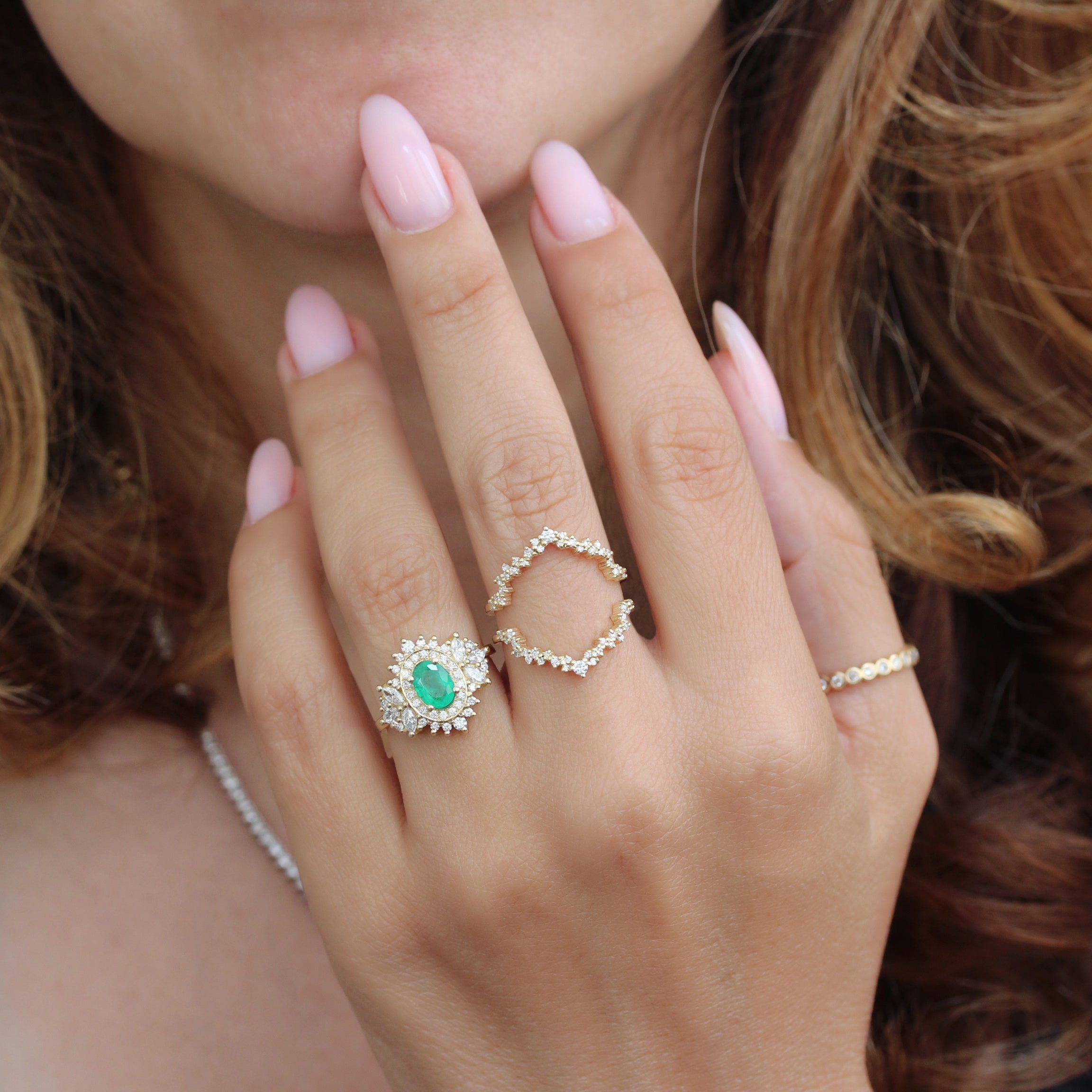 Oval Emerald Double Halo Diamond Unique Engagement Ring with Diamond Dust Ring Guard Enhancer - "Monaco"