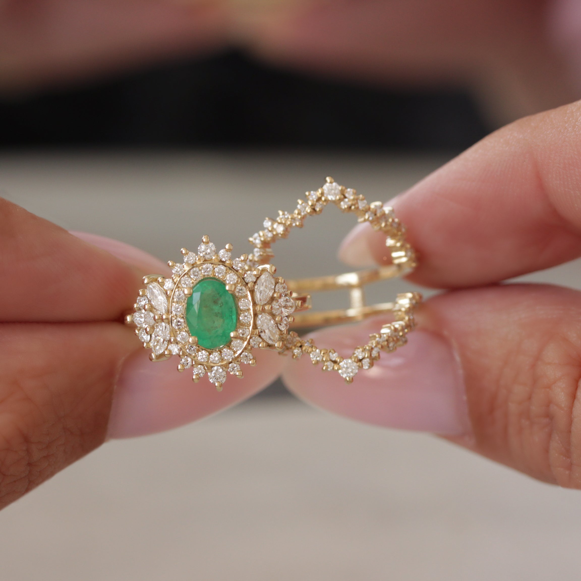 Oval Emerald Double Halo Diamond Unique Engagement Ring with Diamond Dust Ring Guard Enhancer - "Monaco"